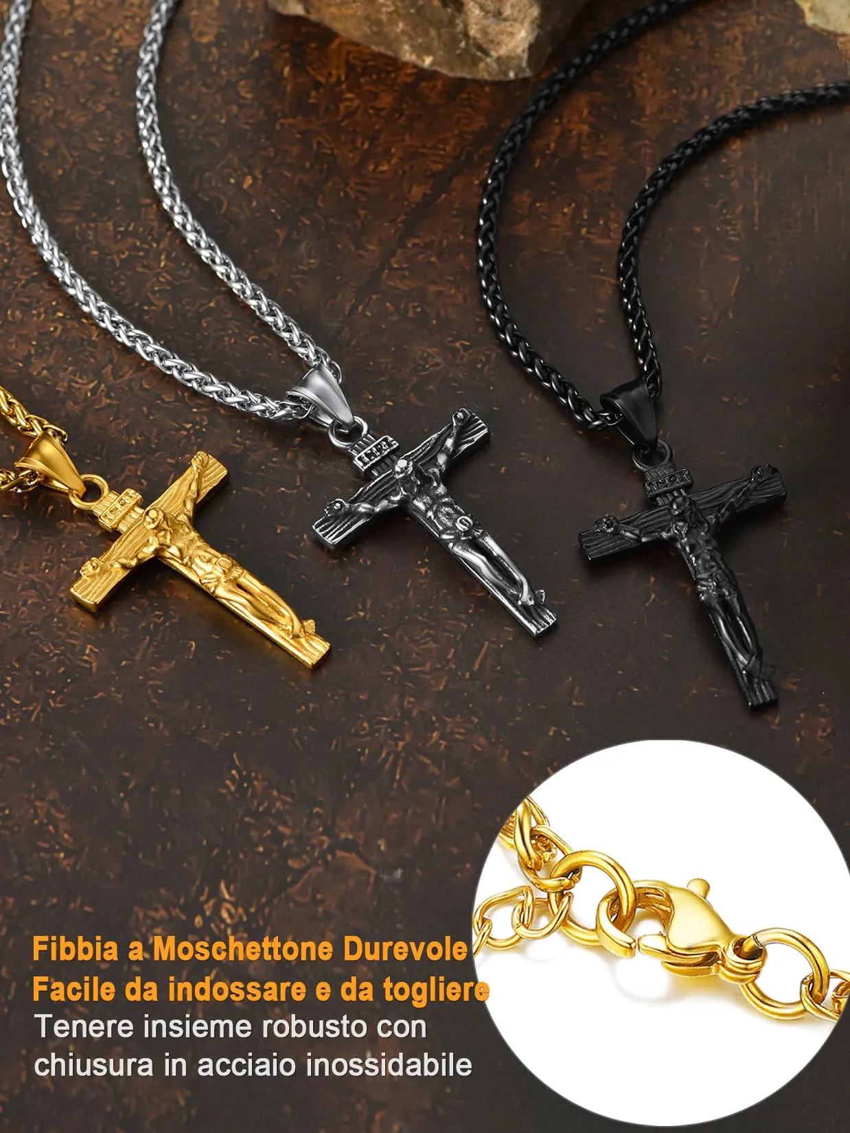 U7 Crocifisso Collana Uomo Oro + Catena Spiga Acciaio Inossidabile 55+5cm - immagine 6
