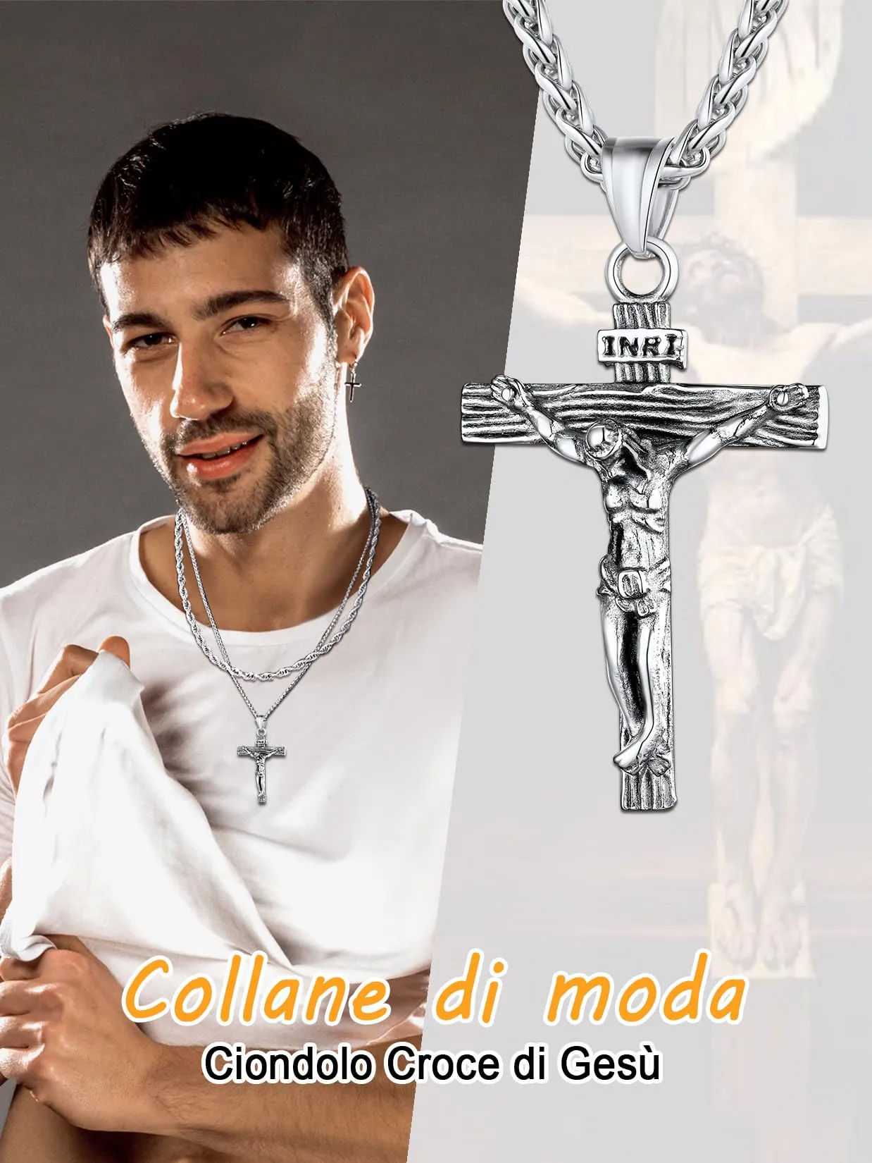 U7 Crocifisso Collana Uomo + Catena Spiga Acciaio Inossidabile 55+5cm - immagine 2