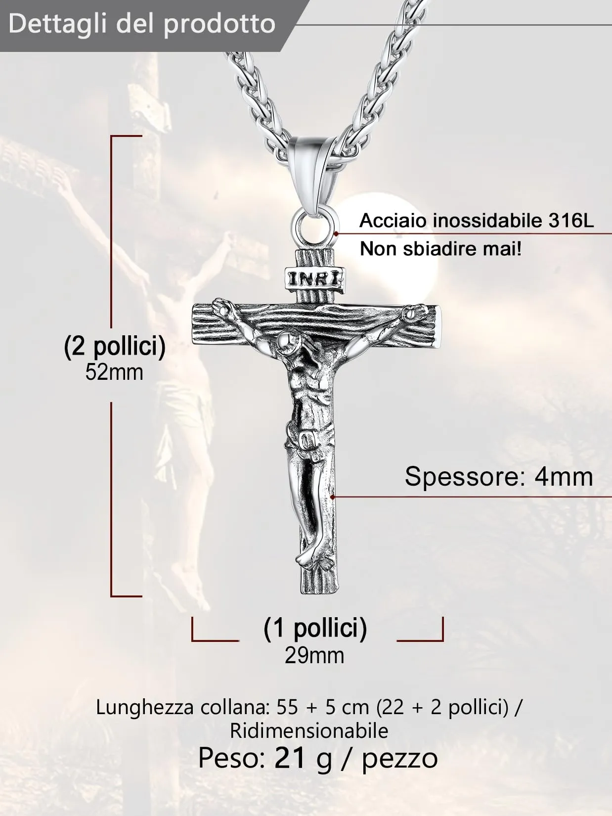 U7 Crocifisso Collana Uomo + Catena Spiga Acciaio Inossidabile 55+5cm - immagine 4