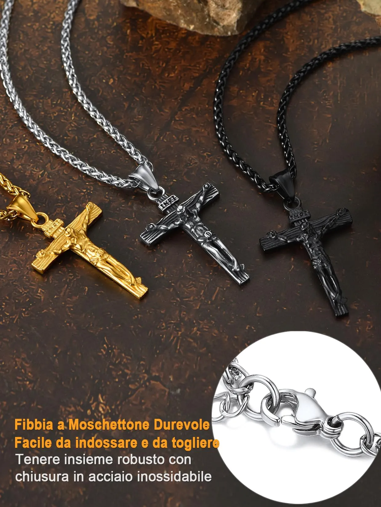U7 Crocifisso Collana Uomo + Catena Spiga Acciaio Inossidabile 55+5cm - immagine 6