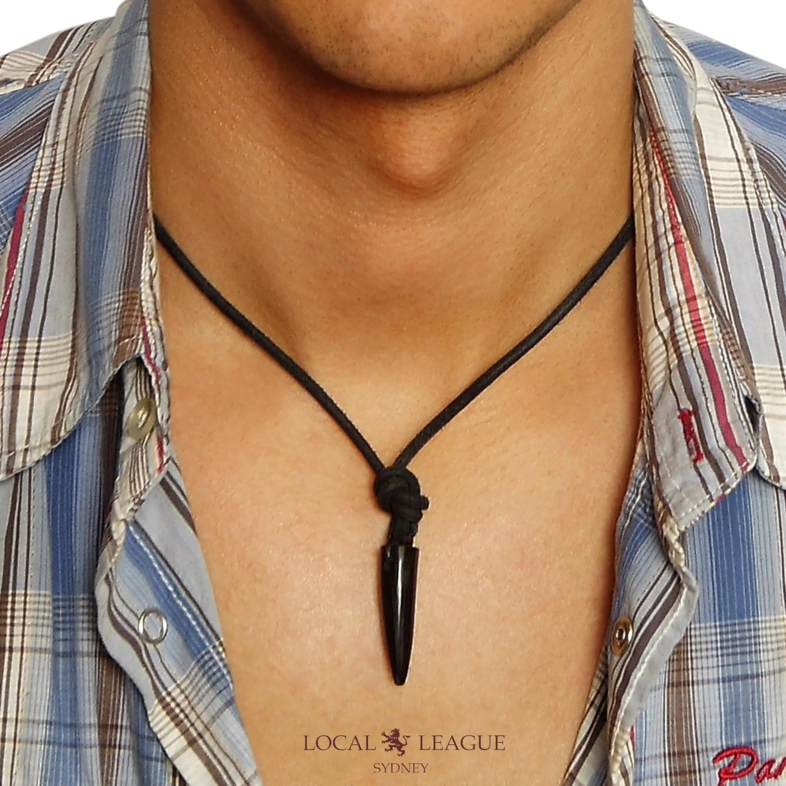 LOCAL LEAGUE Collana in Pelle da Uomo con Pendente a forma di Zanna di Animale DENTE NERO (imitazione) Corda Perizoma Regolabile con Cordino Invecchiato per Fidanzato SPIAGGIA Surf Festa - immagine 2