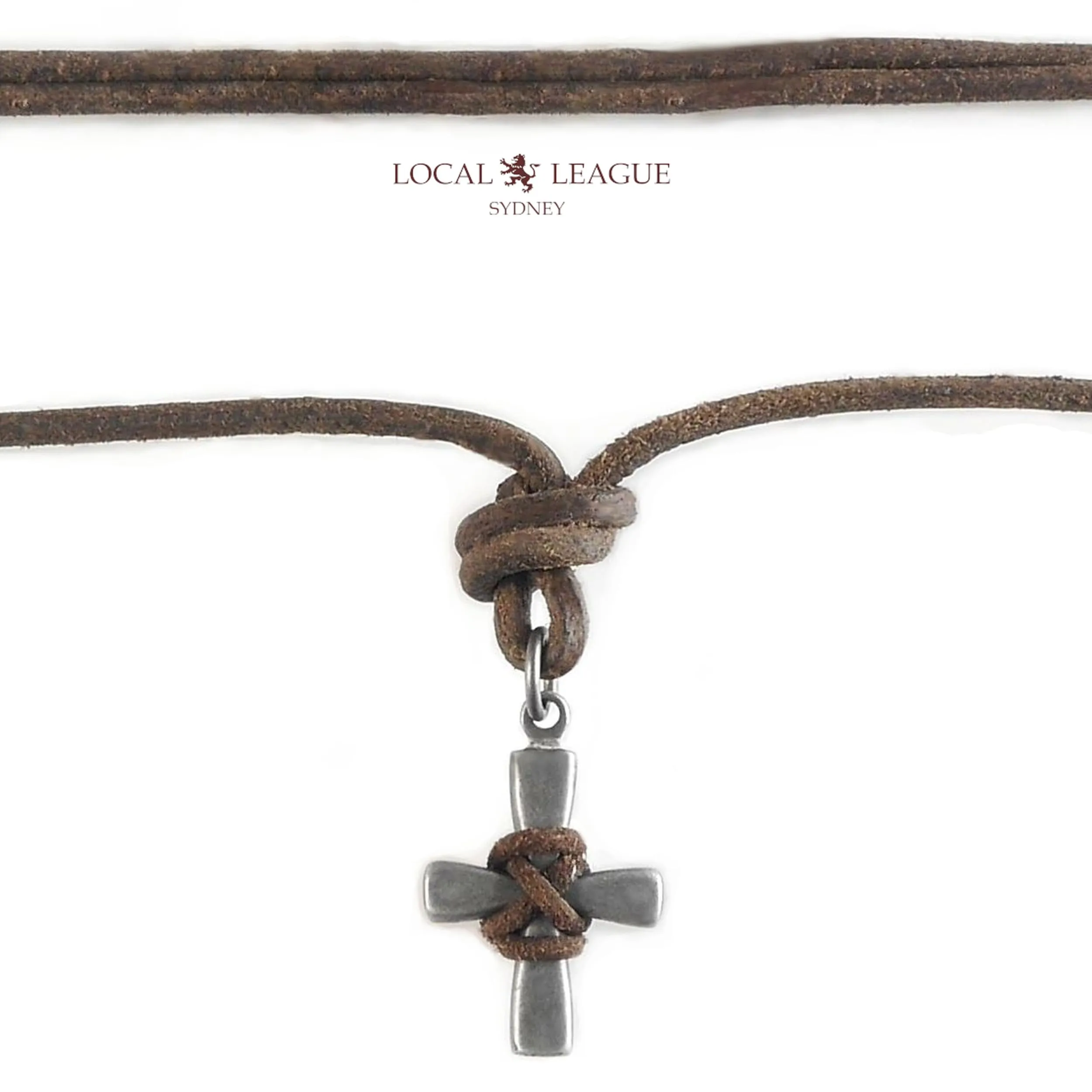 LOCAL LEAGUE Collana con Cordino in Pelle da Uomo con Ciondolo a CROCE in Metallo AUSTRALIAN SURFER Corda Perizoma Marrone Invecchiata Regolabile per Fidanzato SPIAGGIA Vacanze Festival Festa - immagine 4