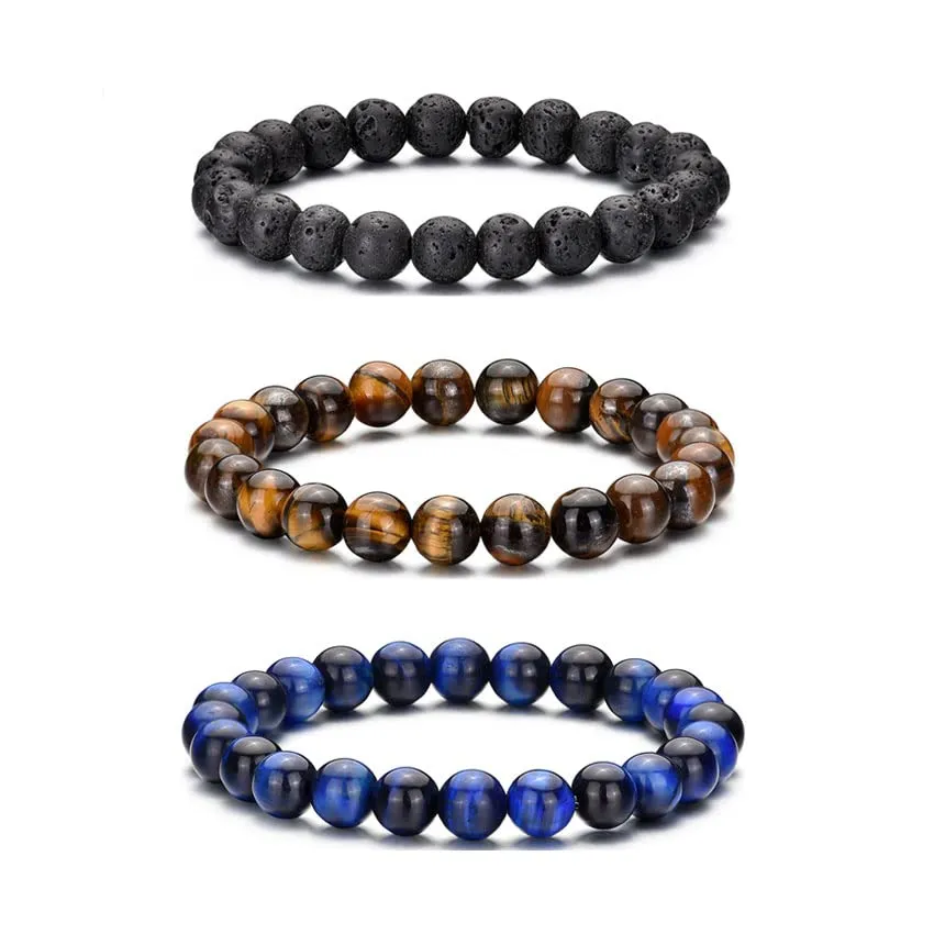 Bracciale Occhio di Tigre per Uomo 8MM Bracciale con Perline in Pietra Naturale Set Braccialetti Elasticizzati in Pietra Lavica Bracciale Regolabile con Perline di Cristallo Nero per Uomo Donna Regali - immagine 1