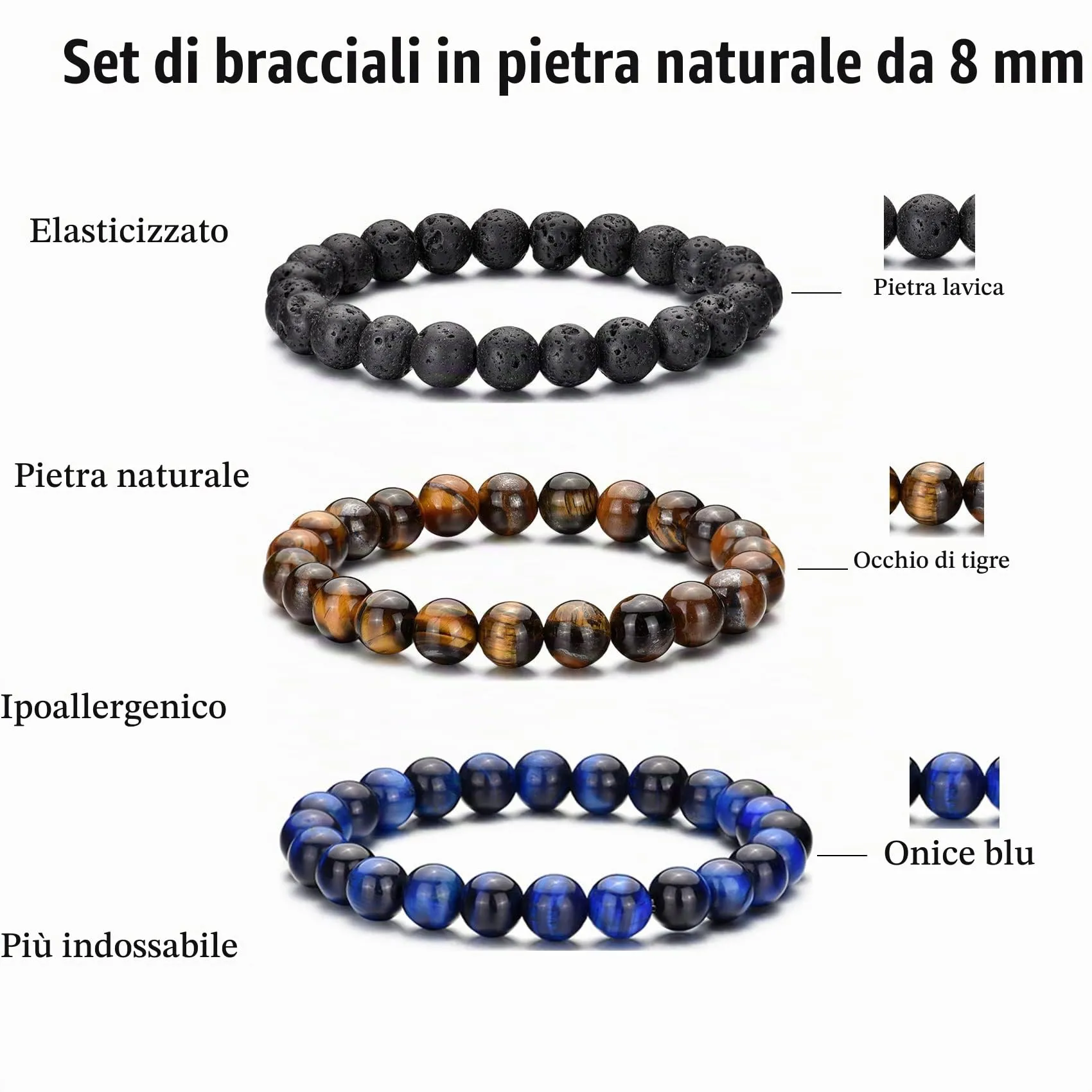 Bracciale Occhio di Tigre per Uomo 8MM Bracciale con Perline in Pietra Naturale Set Braccialetti Elasticizzati in Pietra Lavica Bracciale Regolabile con Perline di Cristallo Nero per Uomo Donna Regali - immagine 3