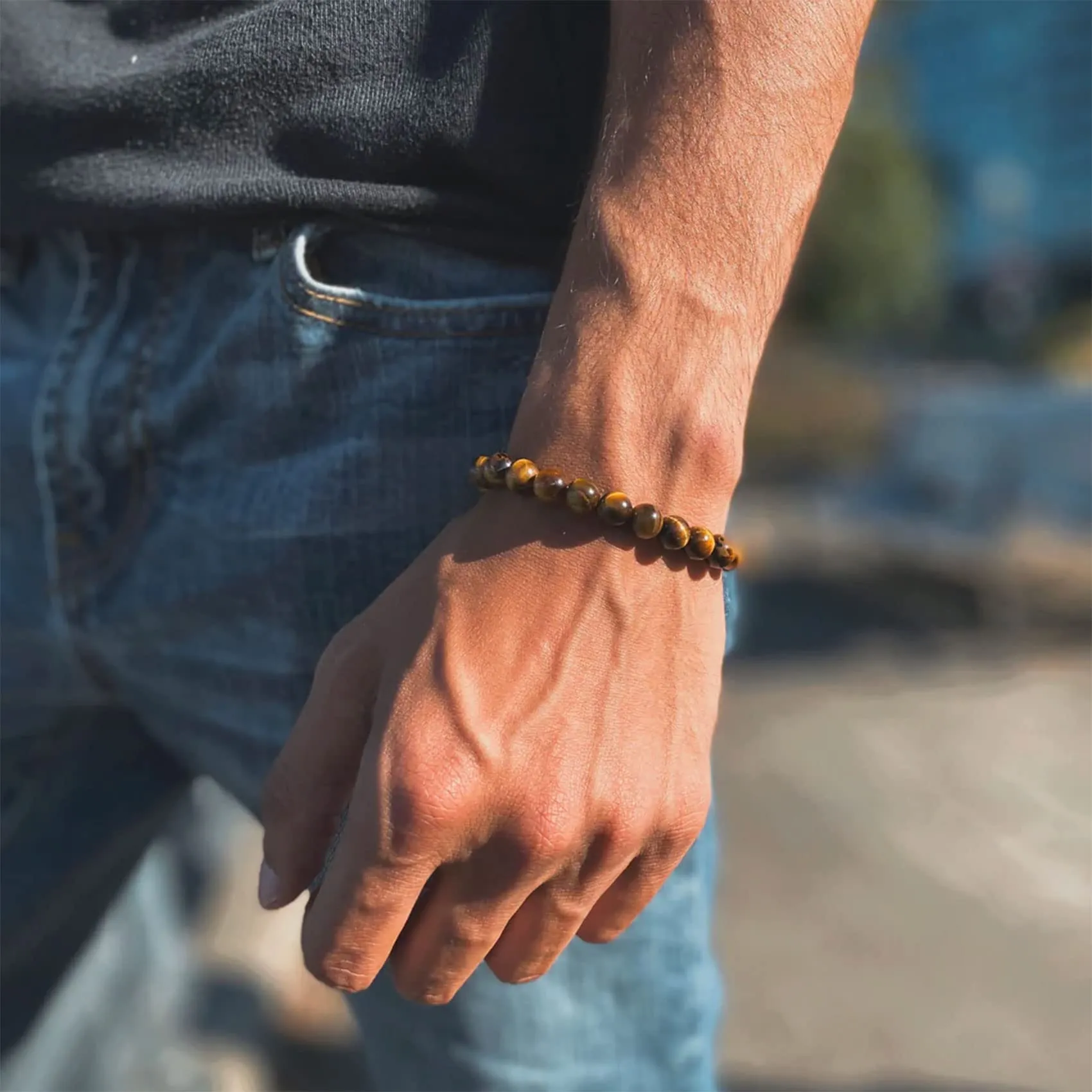 Bracciale Occhio di Tigre per Uomo 8MM Bracciale con Perline in Pietra Naturale Set Braccialetti Elasticizzati in Pietra Lavica Bracciale Regolabile con Perline di Cristallo Nero per Uomo Donna Regali - immagine 6