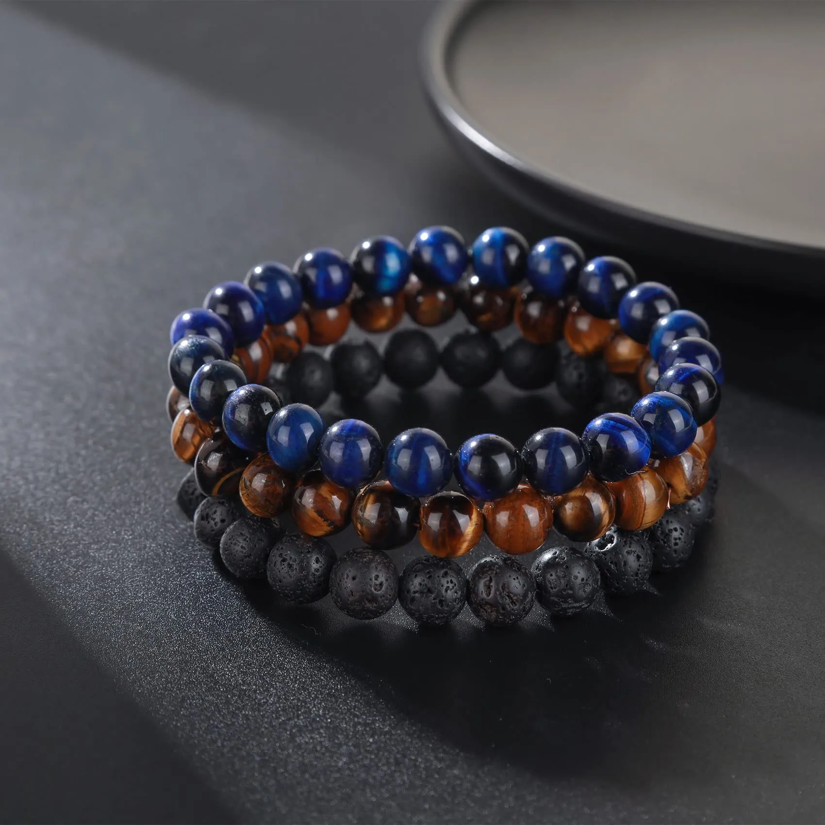 Bracciale Occhio di Tigre per Uomo 8MM Bracciale con Perline in Pietra Naturale Set Braccialetti Elasticizzati in Pietra Lavica Bracciale Regolabile con Perline di Cristallo Nero per Uomo Donna Regali - immagine 8