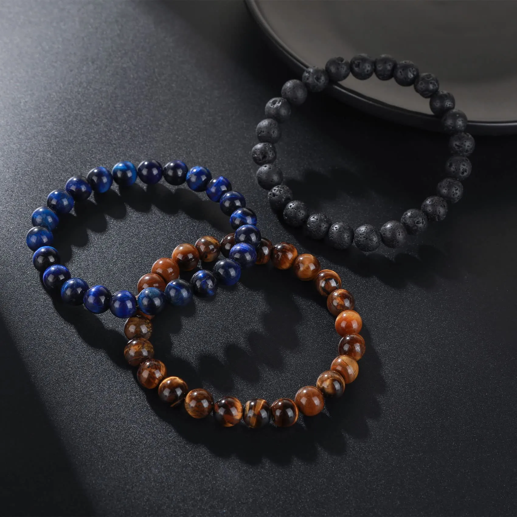 Bracciale Occhio di Tigre per Uomo 8MM Bracciale con Perline in Pietra Naturale Set Braccialetti Elasticizzati in Pietra Lavica Bracciale Regolabile con Perline di Cristallo Nero per Uomo Donna Regali - immagine 9