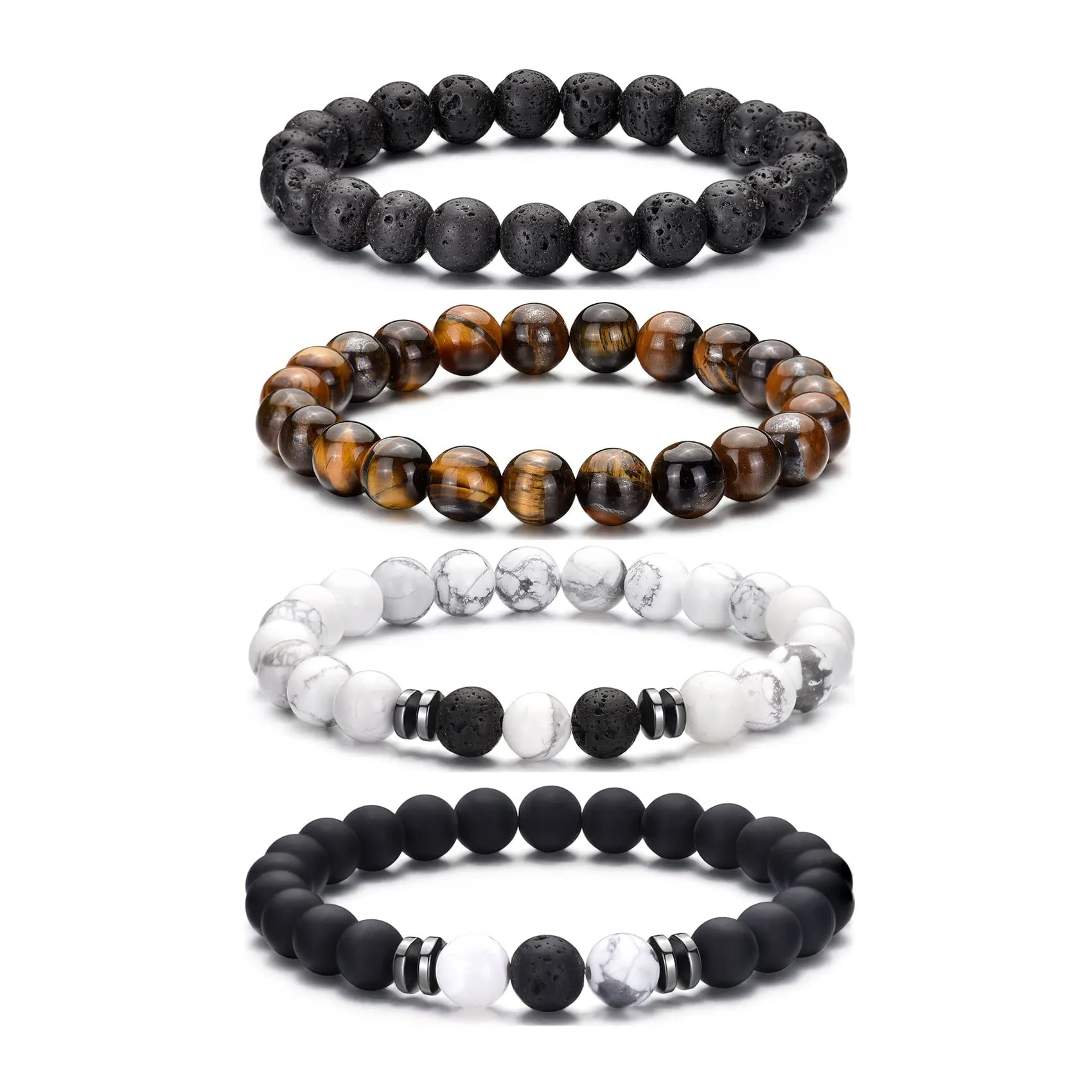 RANKEEF Bracciale Occhio di Tigre per Uomo 8MM Bracciale con Perline in Pietra Naturale Set Braccialetti Elasticizzati in Pietra Lavica Regolabile con Perline di Cristallo Nero per Uomo Donna Regali - immagine 1