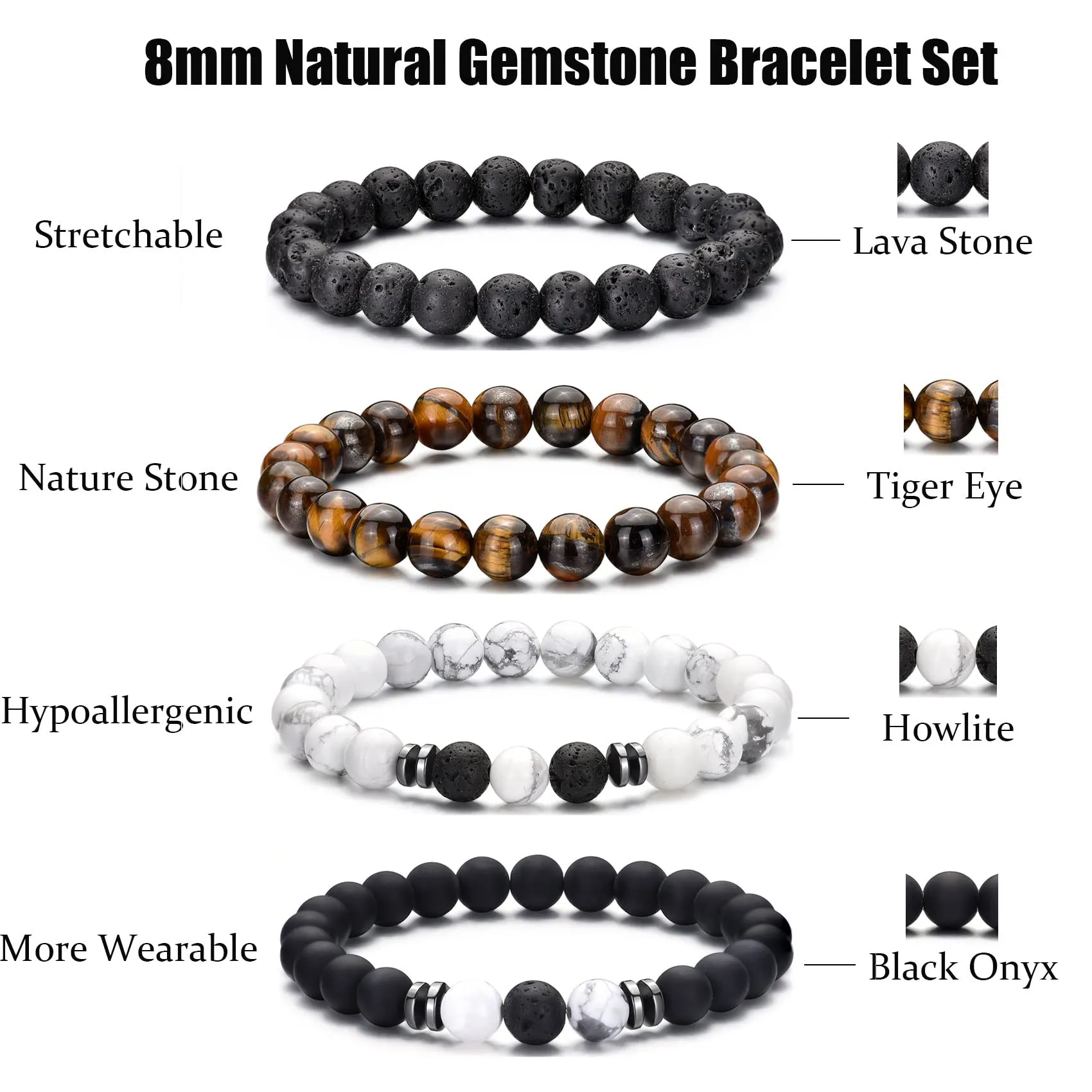 RANKEEF Bracciale Occhio di Tigre per Uomo 8MM Bracciale con Perline in Pietra Naturale Set Braccialetti Elasticizzati in Pietra Lavica Regolabile con Perline di Cristallo Nero per Uomo Donna Regali - immagine 3