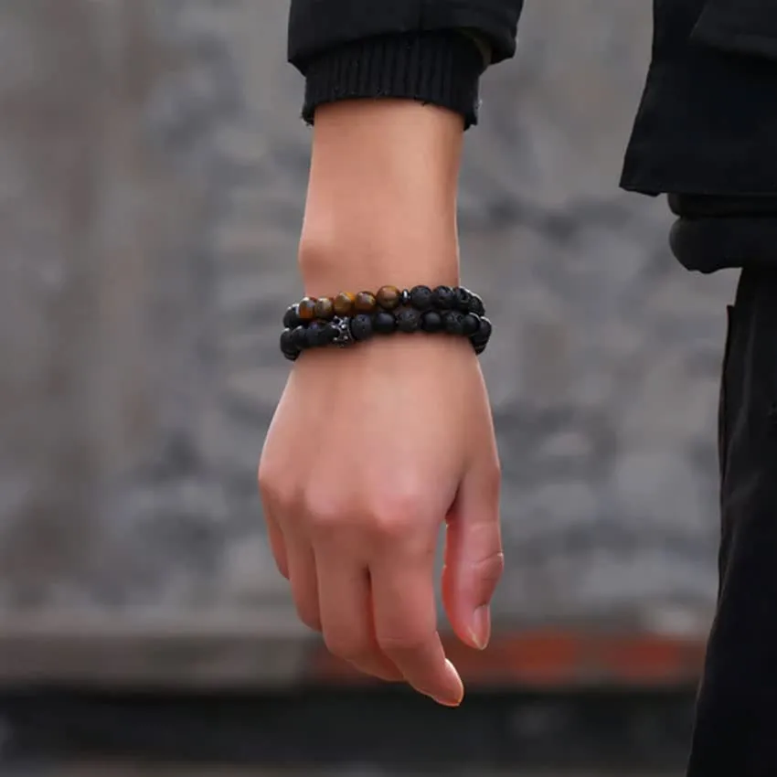 RANKEEF Bracciale Occhio di Tigre per Uomo 8MM Bracciale con Perline in Pietra Naturale Set Braccialetti Elasticizzati in Pietra Lavica Regolabile con Perline di Cristallo Nero per Uomo Donna Regali - immagine 7