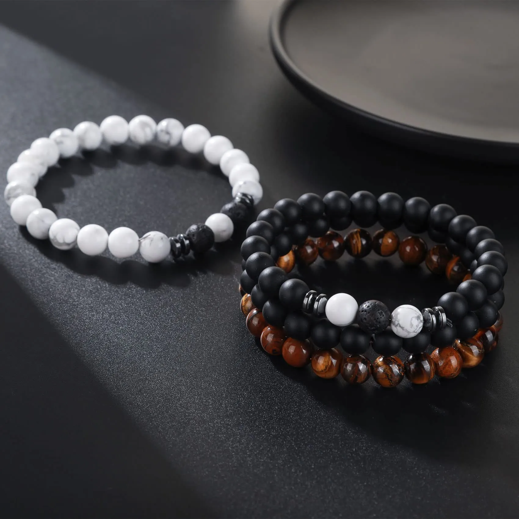 RANKEEF Bracciale Occhio di Tigre per Uomo 8MM Bracciale con Perline in Pietra Naturale Set Braccialetti Elasticizzati in Pietra Lavica Regolabile con Perline di Cristallo Nero per Uomo Donna Regali - immagine 9