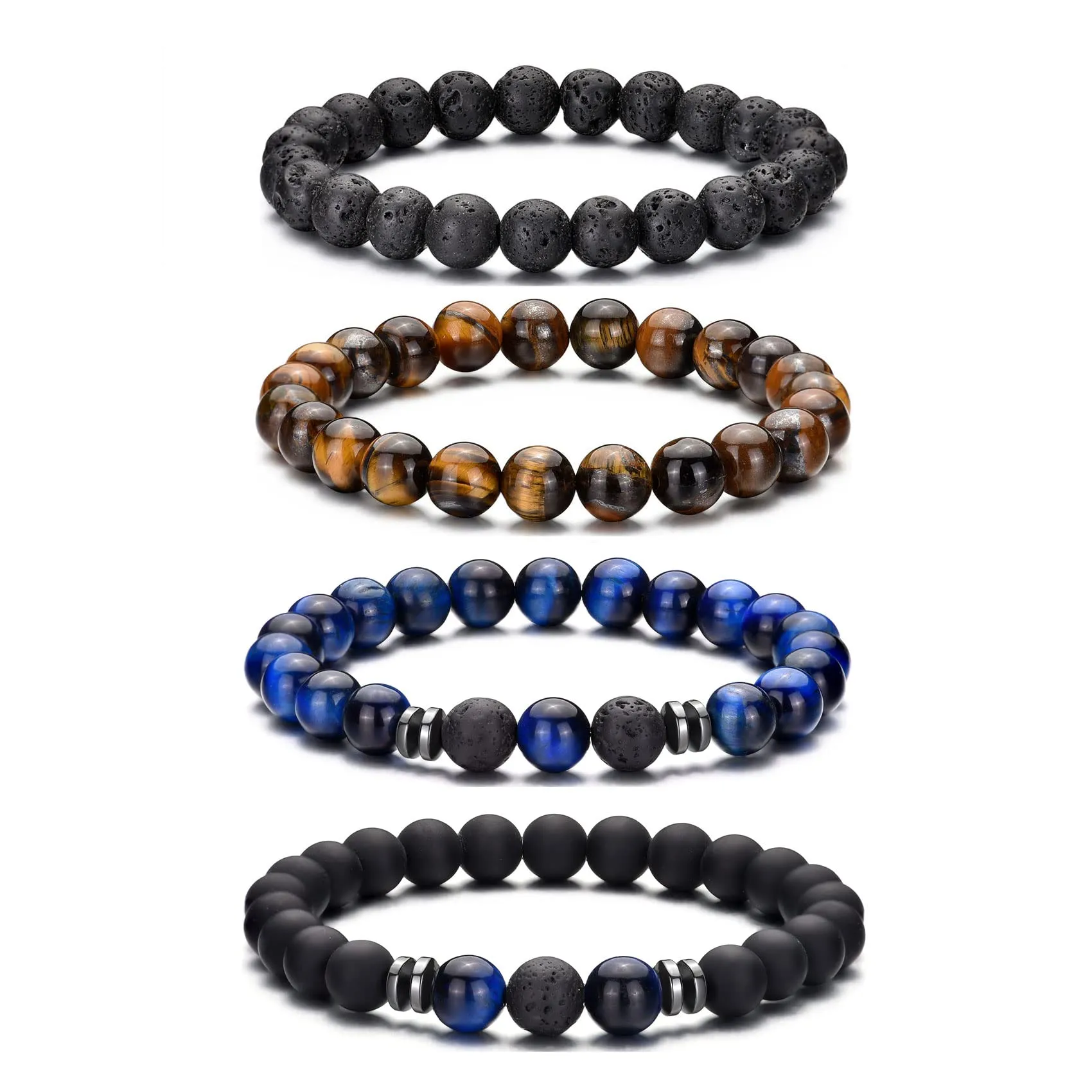 Bracciale Occhio di Tigre 8MM per Uomo e Donna - Set di Braccialetti Elasticizzati in Pietra Lavica e Naturale - Regolabile con Perline di Cristallo Nero - Idea Regalo - immagine 1