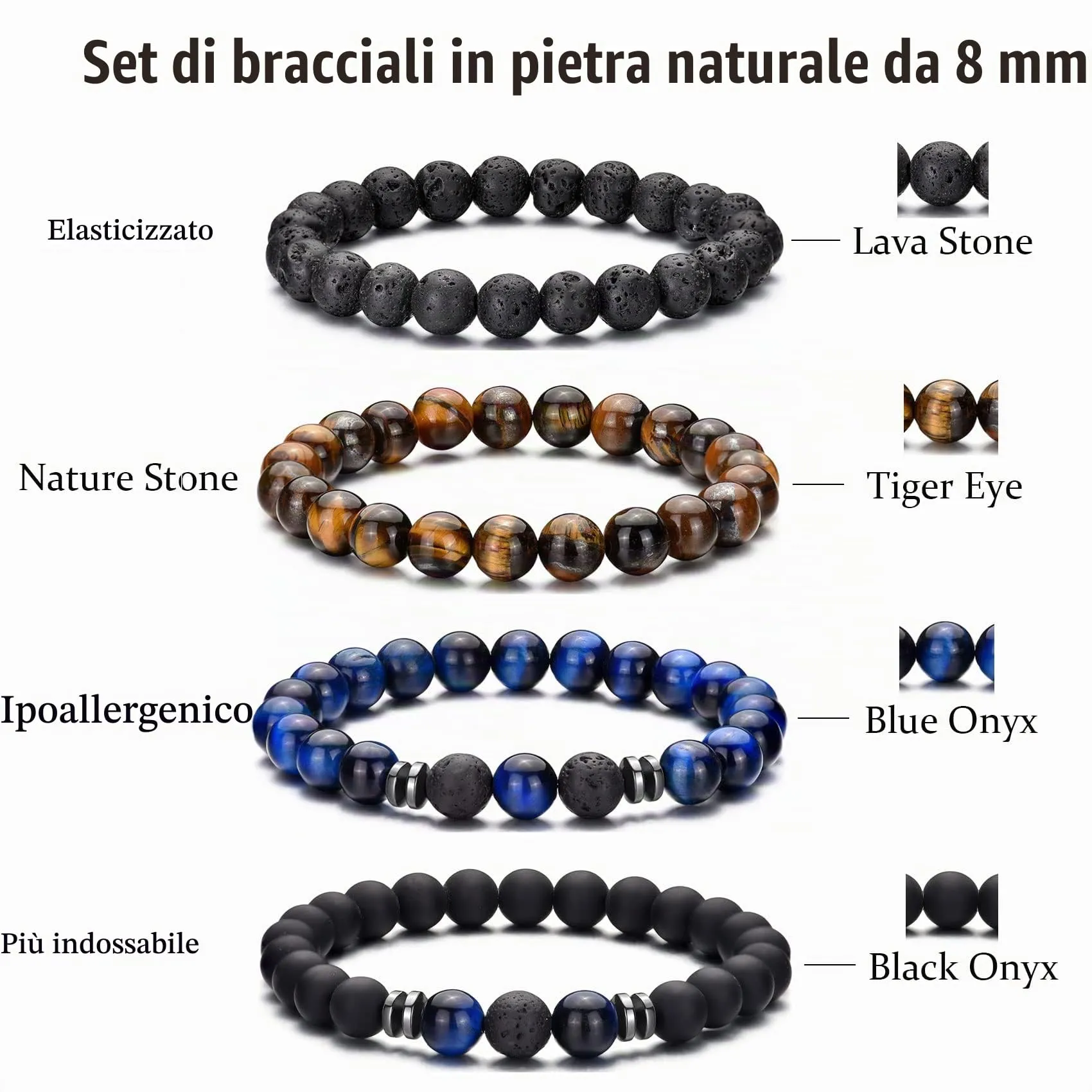 Bracciale Occhio di Tigre 8MM per Uomo e Donna - Set di Braccialetti Elasticizzati in Pietra Lavica e Naturale - Regolabile con Perline di Cristallo Nero - Idea Regalo - immagine 3
