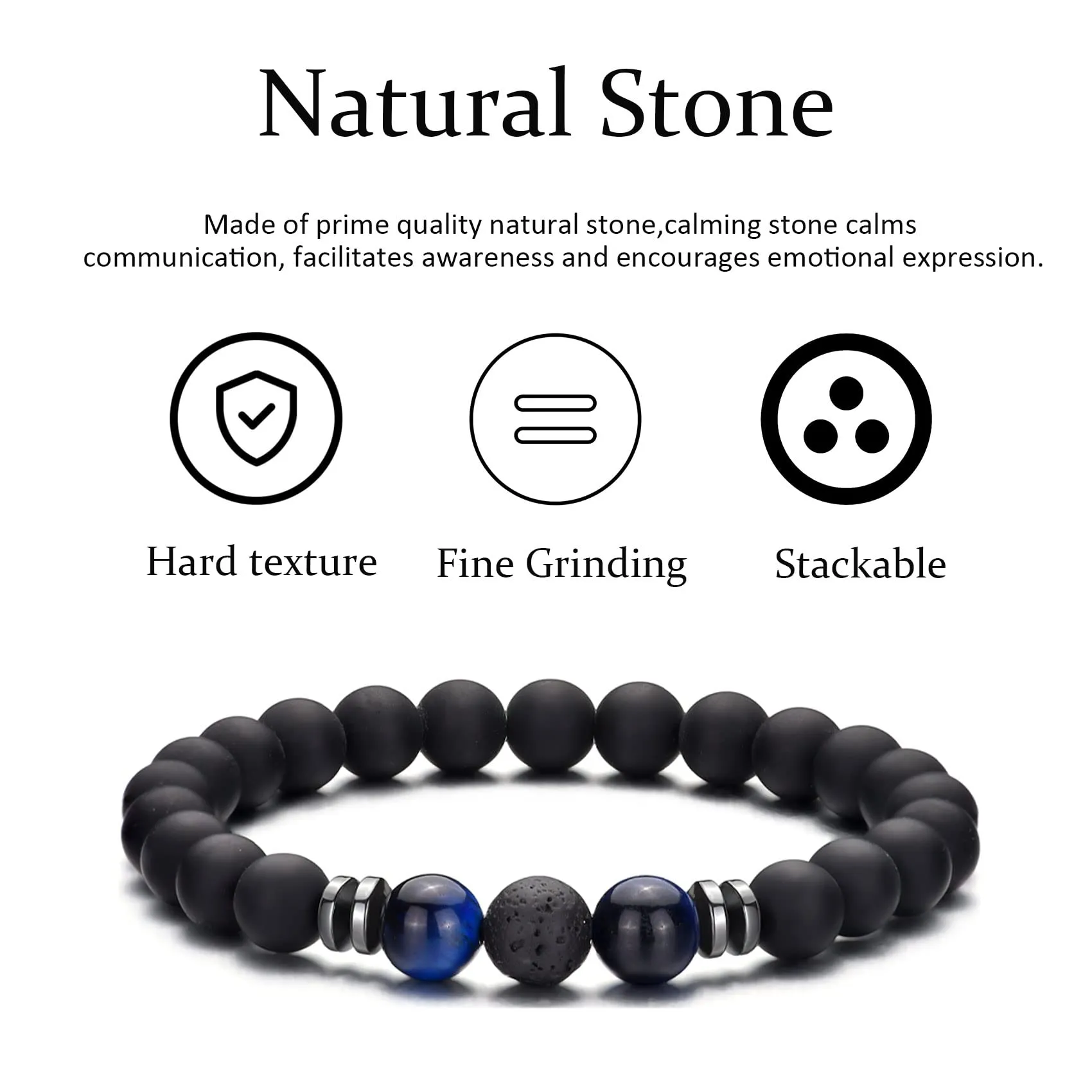 Bracciale Occhio di Tigre 8MM per Uomo e Donna - Set di Braccialetti Elasticizzati in Pietra Lavica e Naturale - Regolabile con Perline di Cristallo Nero - Idea Regalo - immagine 6