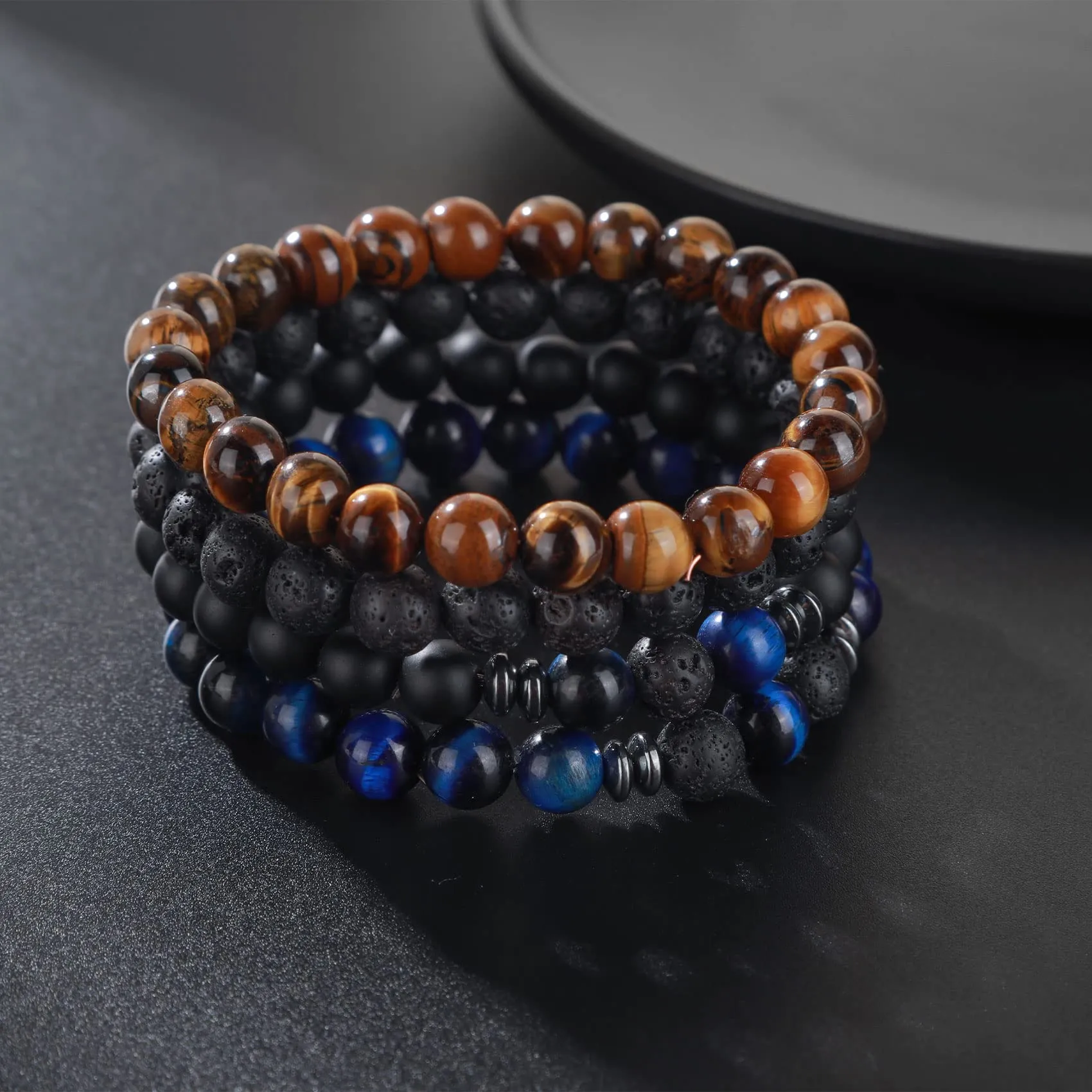 Bracciale Occhio di Tigre 8MM per Uomo e Donna - Set di Braccialetti Elasticizzati in Pietra Lavica e Naturale - Regolabile con Perline di Cristallo Nero - Idea Regalo - immagine 7