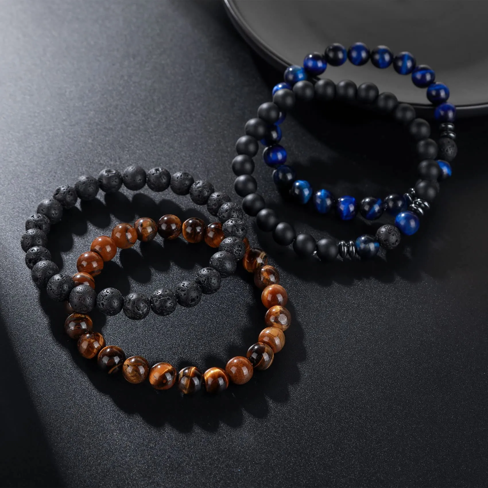 Bracciale Occhio di Tigre 8MM per Uomo e Donna - Set di Braccialetti Elasticizzati in Pietra Lavica e Naturale - Regolabile con Perline di Cristallo Nero - Idea Regalo - immagine 8