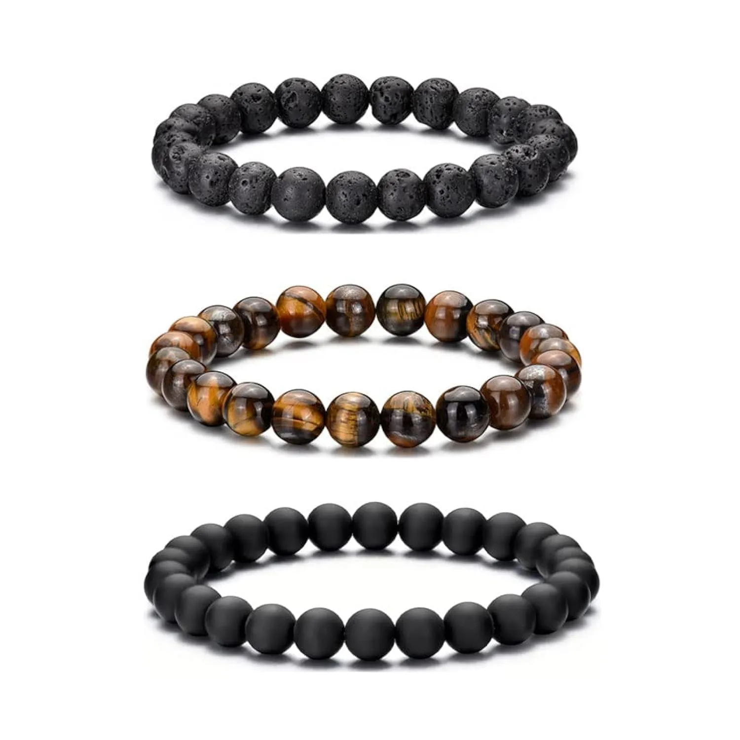 Bracciale Occhio di Tigre 8MM per Uomo e Donna - Set di Braccialetti Elasticizzati in Pietra Lavica e Naturale - Regolabile con Perline di Cristallo Nero - Idea Regalo - immagine 1