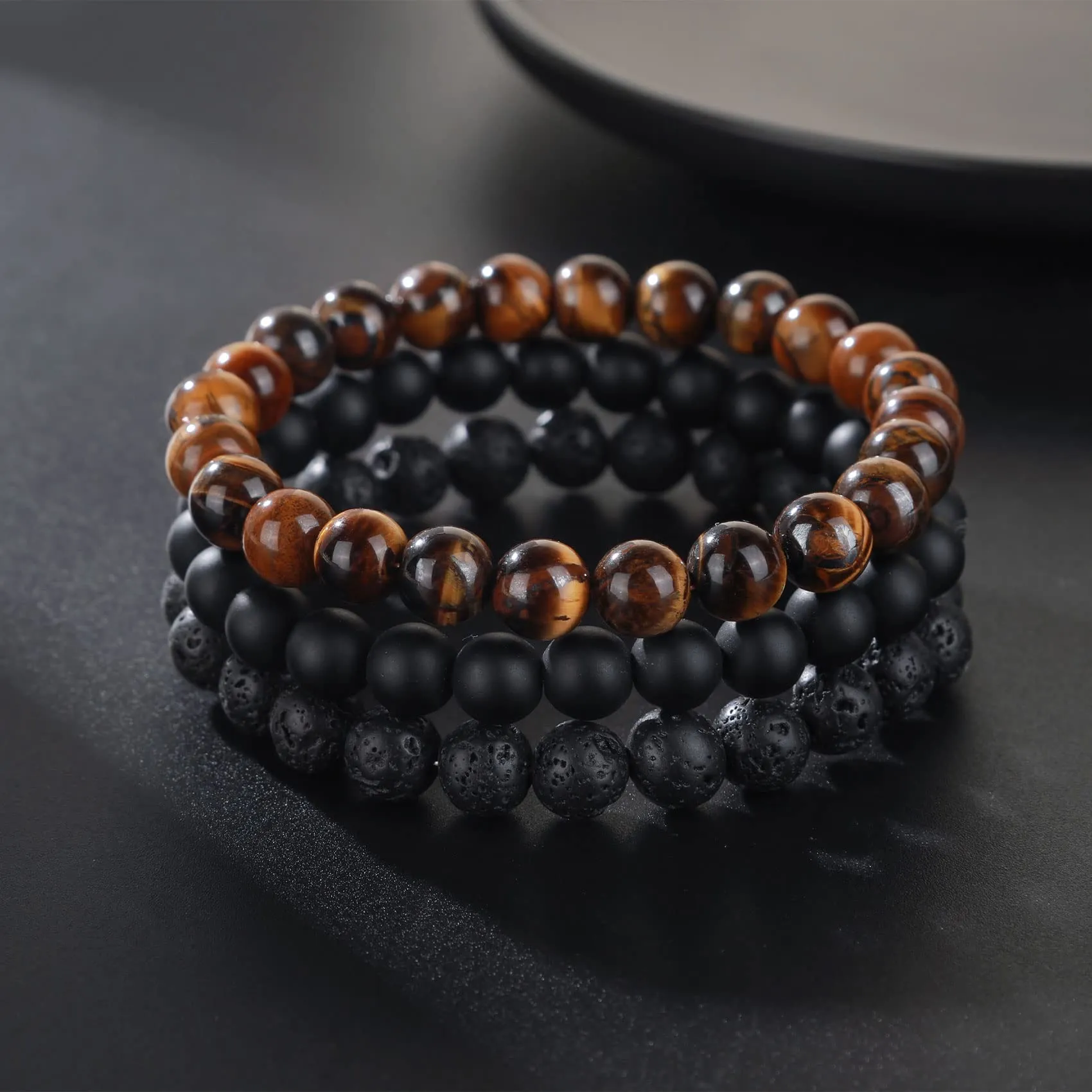 Bracciale Occhio di Tigre 8MM per Uomo e Donna - Set di Braccialetti Elasticizzati in Pietra Lavica e Naturale - Regolabile con Perline di Cristallo Nero - Idea Regalo - immagine 2