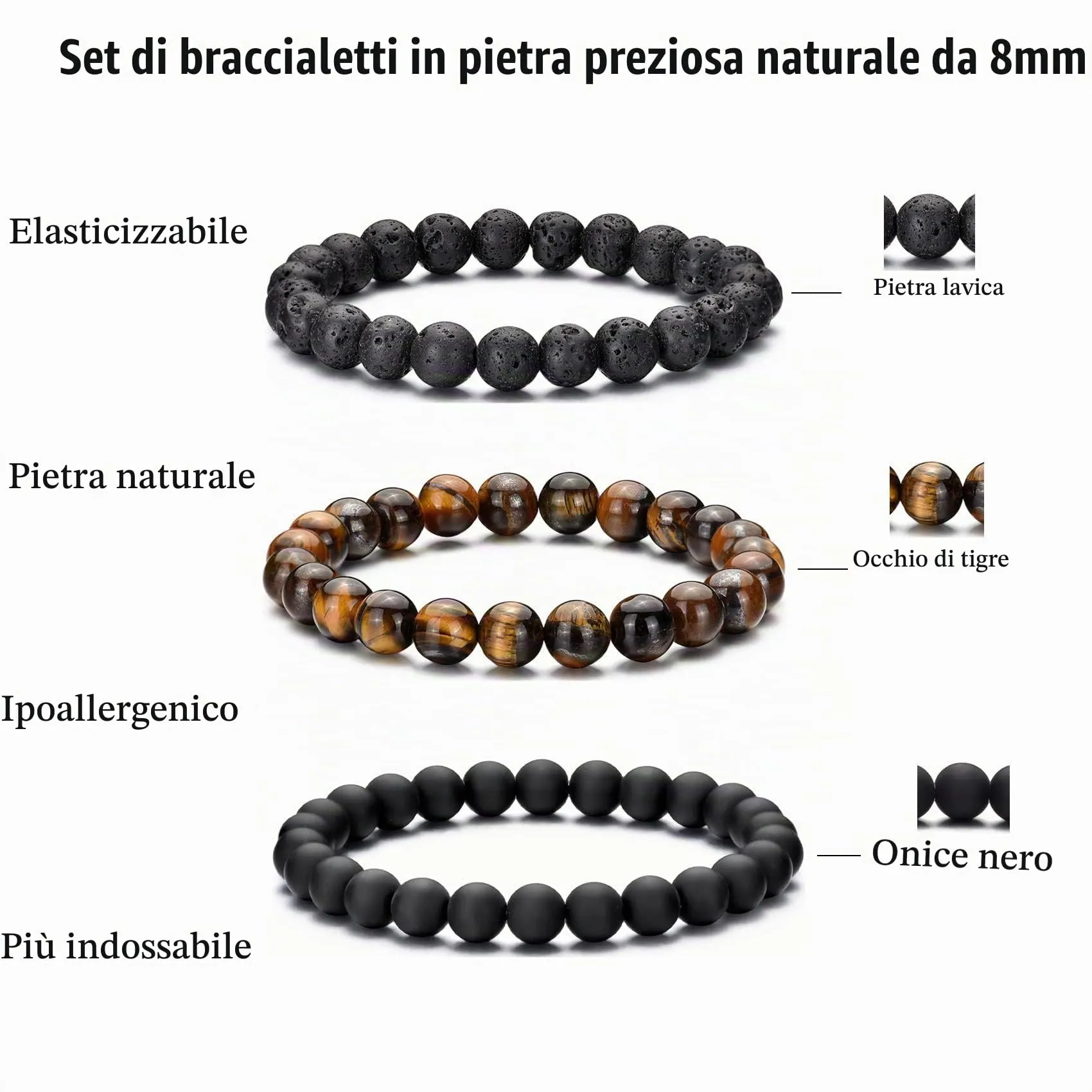 Bracciale Occhio di Tigre 8MM per Uomo e Donna - Set di Braccialetti Elasticizzati in Pietra Lavica e Naturale - Regolabile con Perline di Cristallo Nero - Idea Regalo - immagine 4