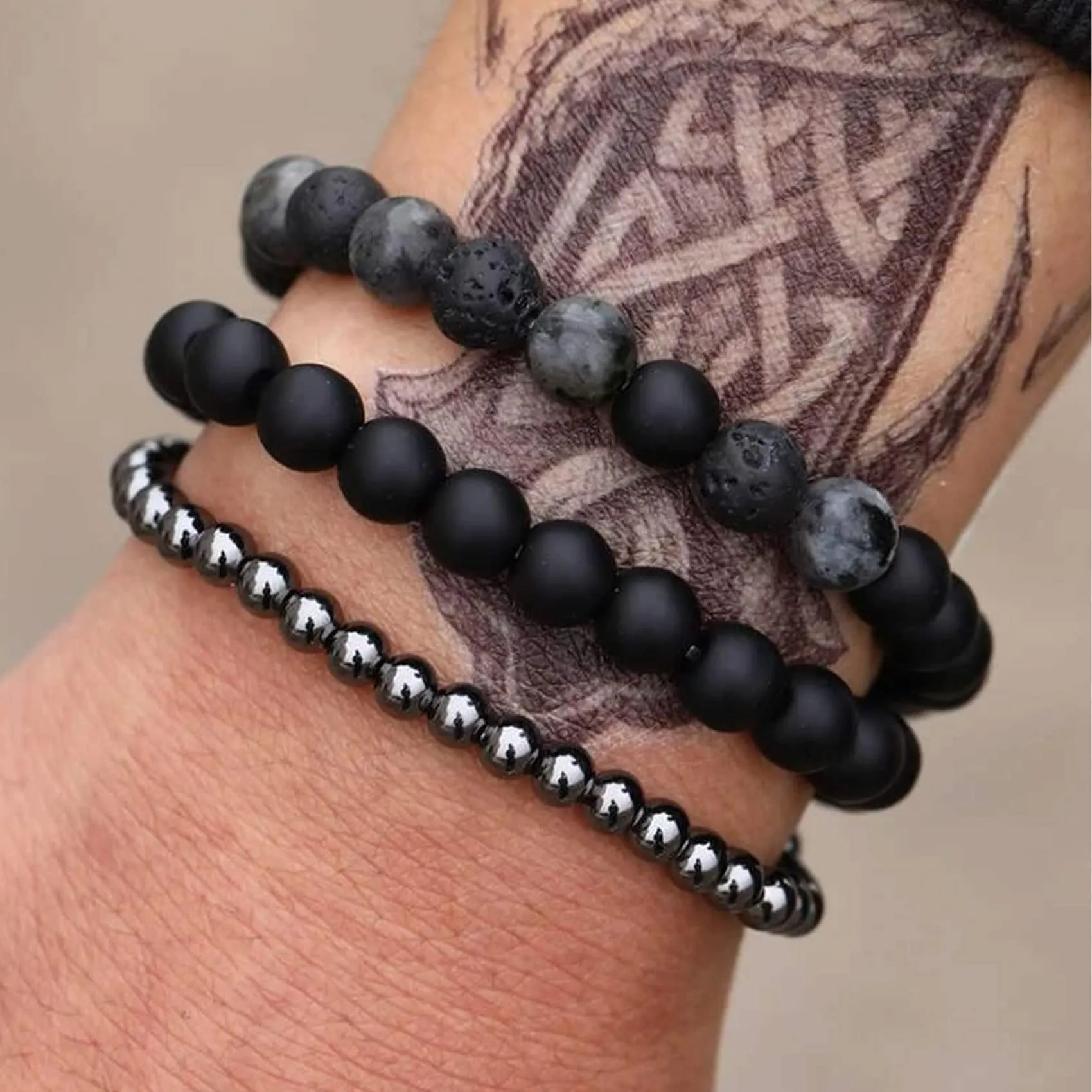 Bracciale Occhio di Tigre 8MM per Uomo e Donna - Set di Braccialetti Elasticizzati in Pietra Lavica e Naturale - Regolabile con Perline di Cristallo Nero - Idea Regalo - immagine 8
