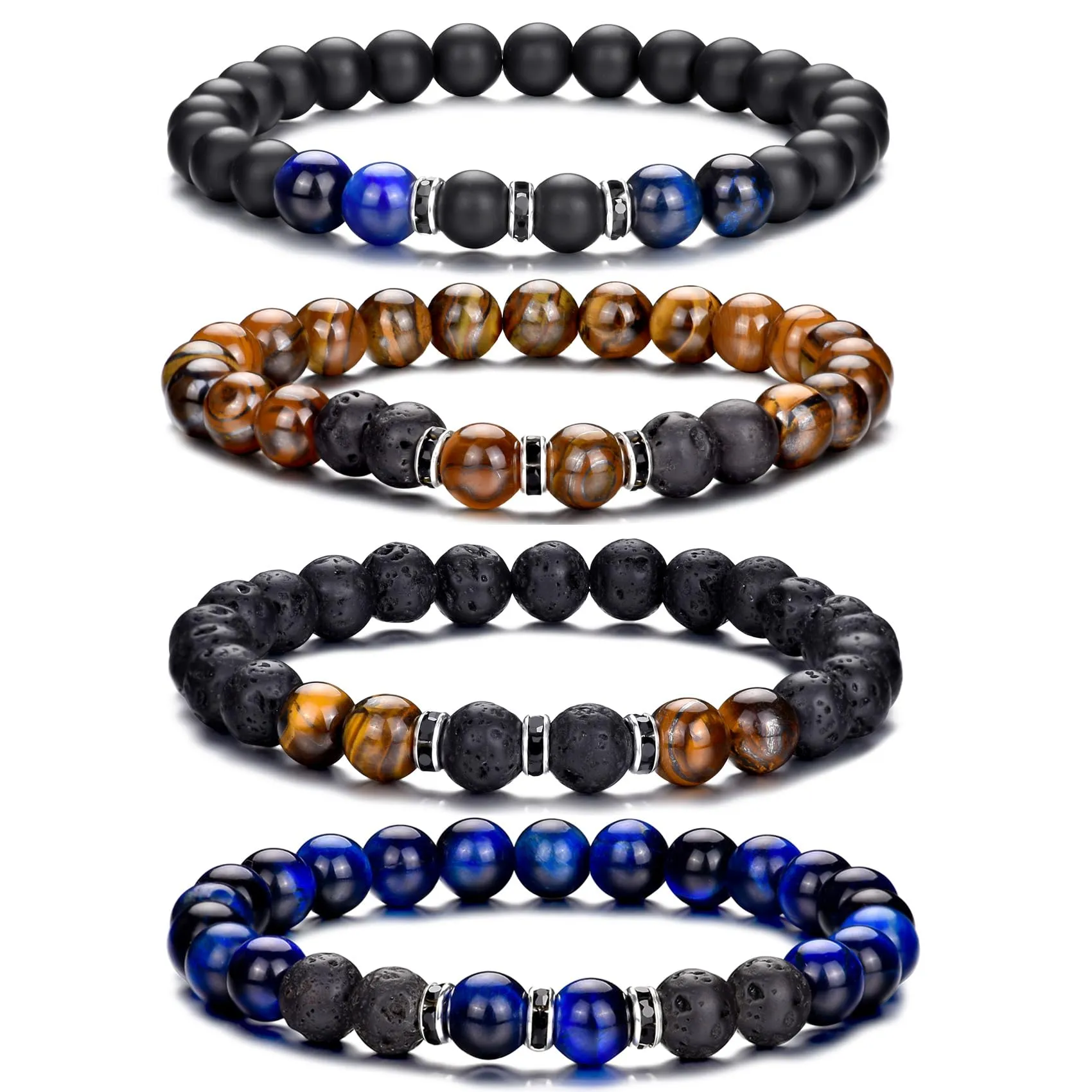 Occhio di Tigre Bracciale per Uomo e Donna con Perline di Cristallo Nero e Pietra Naturale, Regolabile e Elasticizzato - immagine 1