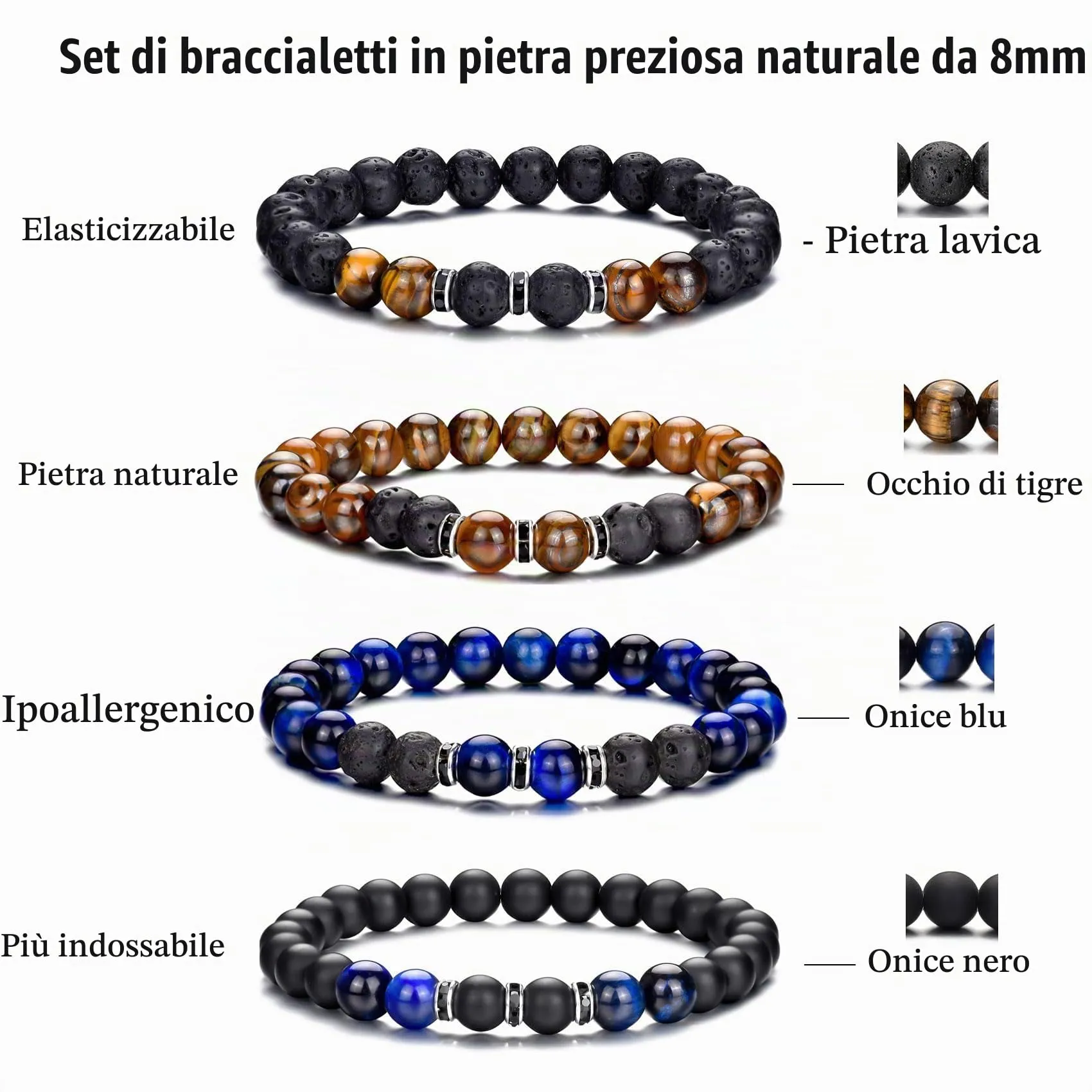 Occhio di Tigre Bracciale per Uomo e Donna con Perline di Cristallo Nero e Pietra Naturale, Regolabile e Elasticizzato - immagine 3