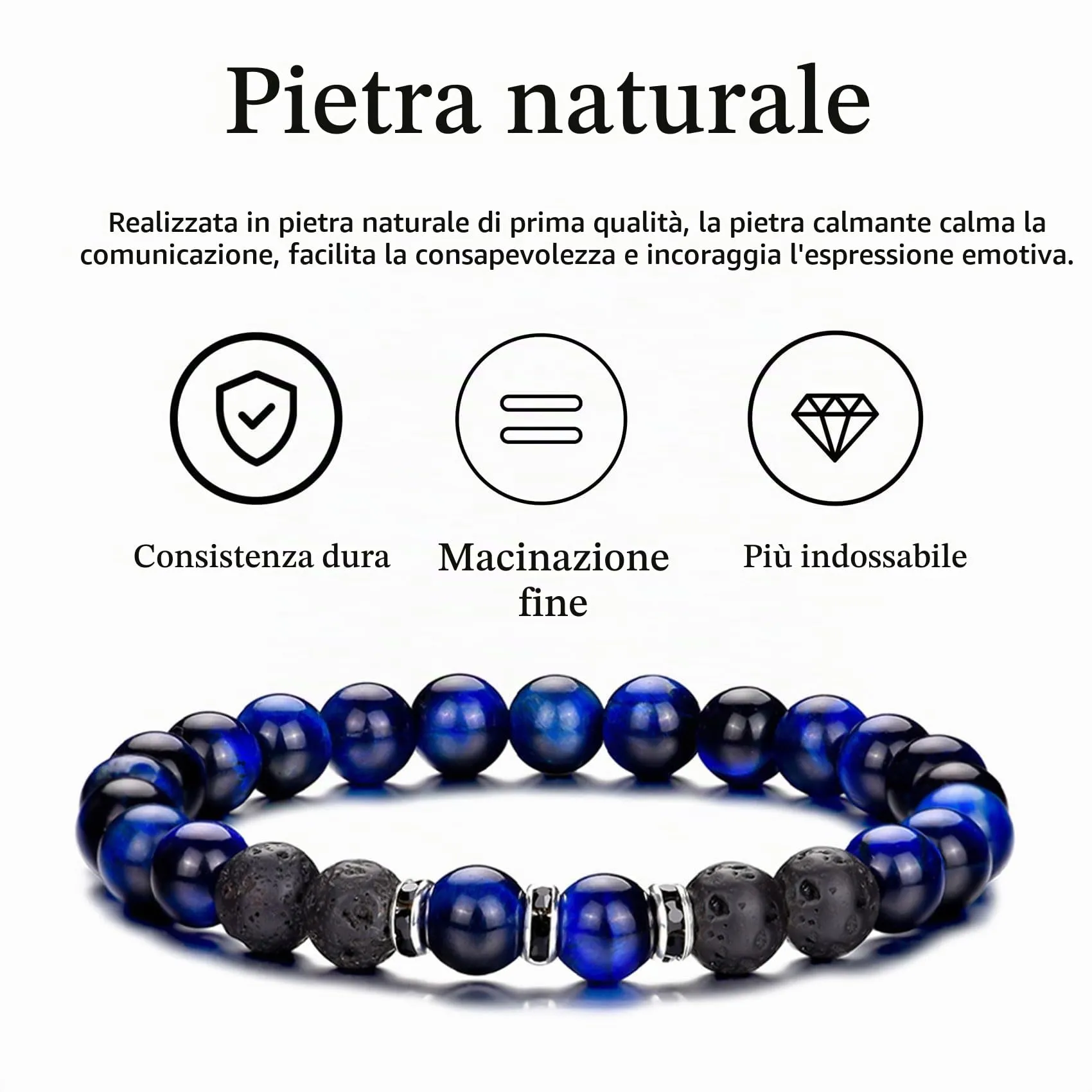 Occhio di Tigre Bracciale per Uomo e Donna con Perline di Cristallo Nero e Pietra Naturale, Regolabile e Elasticizzato - immagine 7