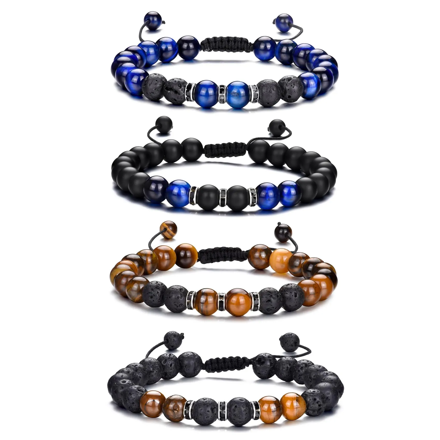 Bracciale Occhio di Tigre per Uomo e Donna - Bracciale Regolabile con Perline di Cristallo Nero e Pietra Naturale - Set Braccialetti Elasticizzati in Pietra Lavica - immagine 1