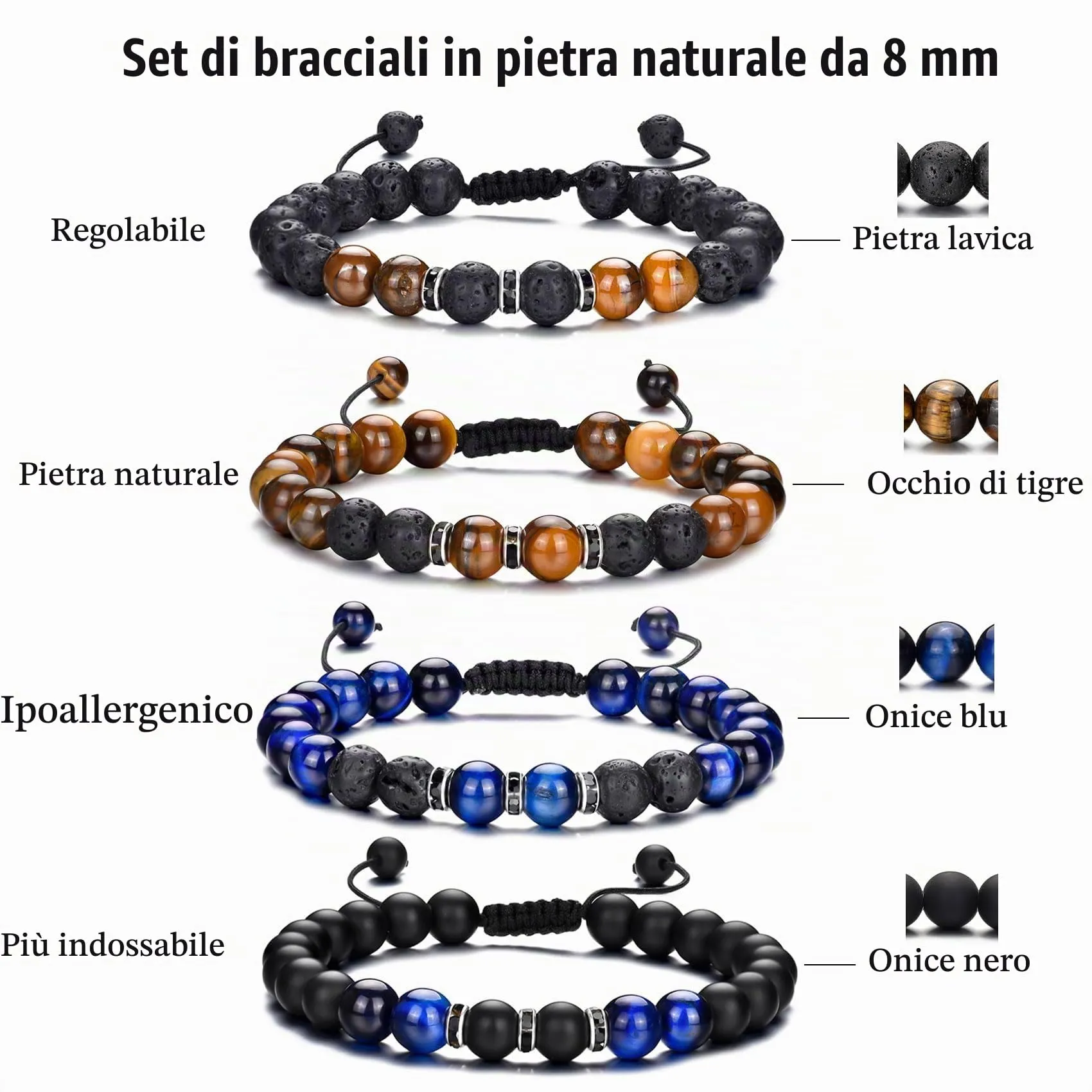 Bracciale Occhio di Tigre per Uomo e Donna - Bracciale Regolabile con Perline di Cristallo Nero e Pietra Naturale - Set Braccialetti Elasticizzati in Pietra Lavica - immagine 3