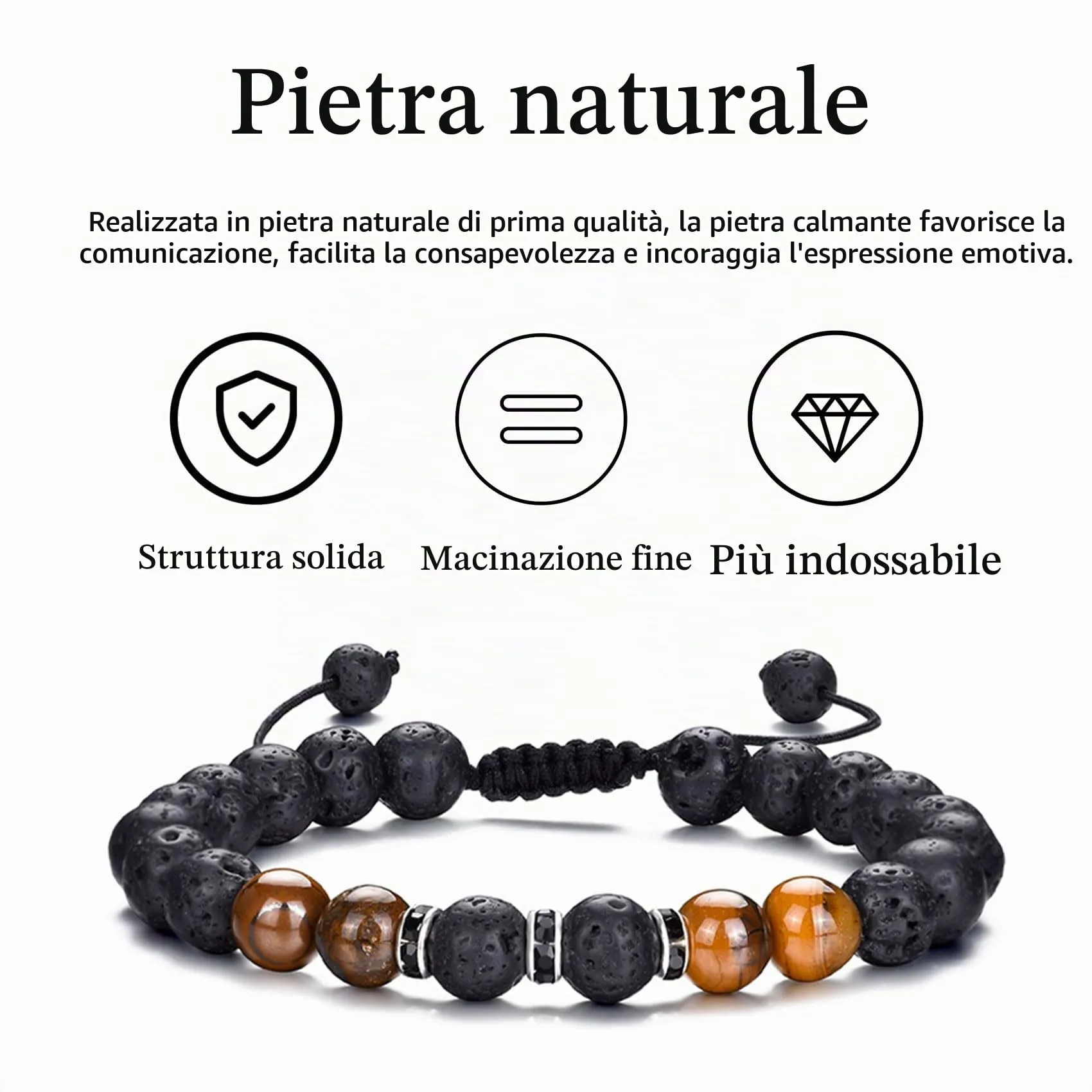Bracciale Occhio di Tigre per Uomo e Donna - Bracciale Regolabile con Perline di Cristallo Nero e Pietra Naturale - Set Braccialetti Elasticizzati in Pietra Lavica - immagine 6