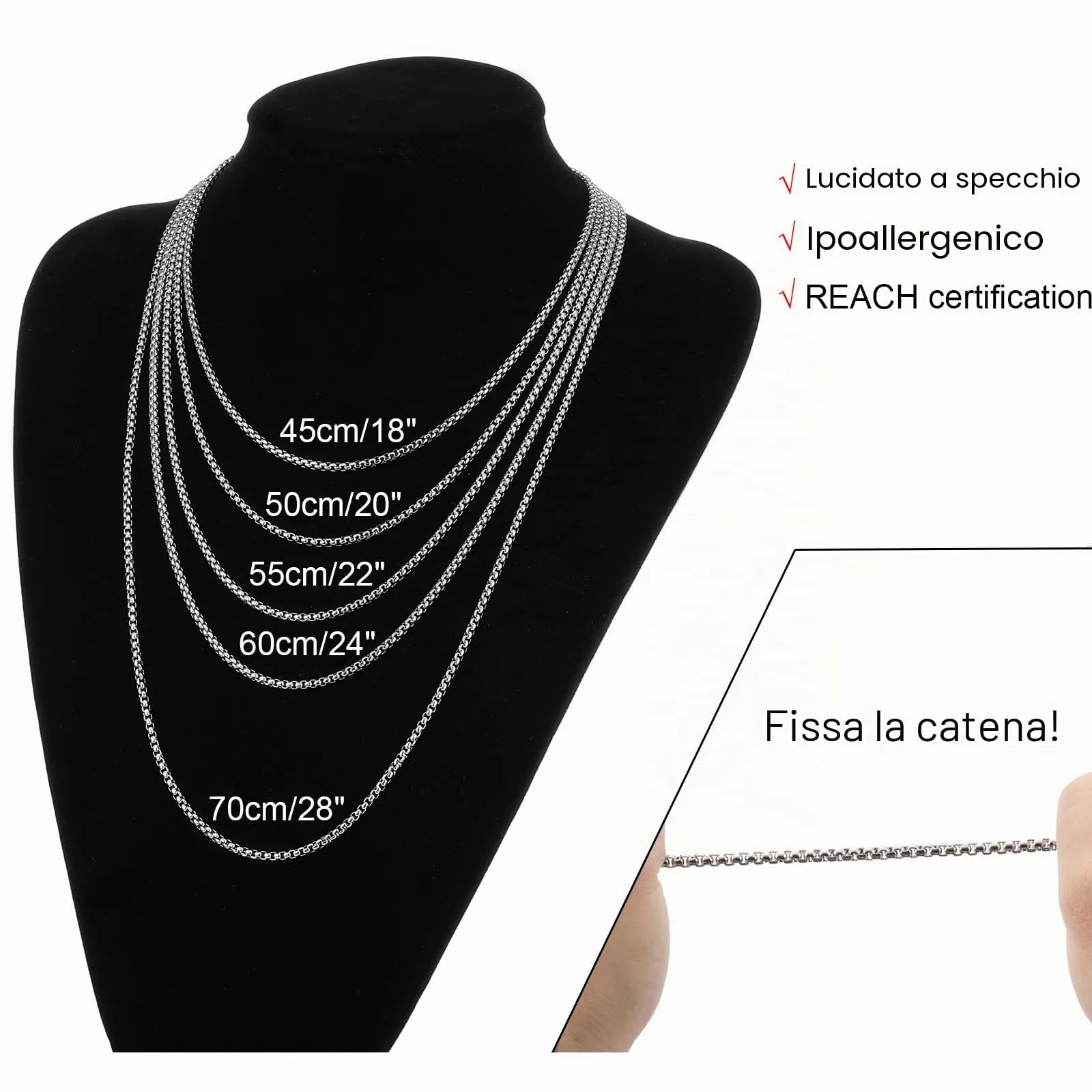 RWQIAN Uomo Collana 50cm Acciaio Inossidabile Donna Argento Catena 3mm - immagine 7