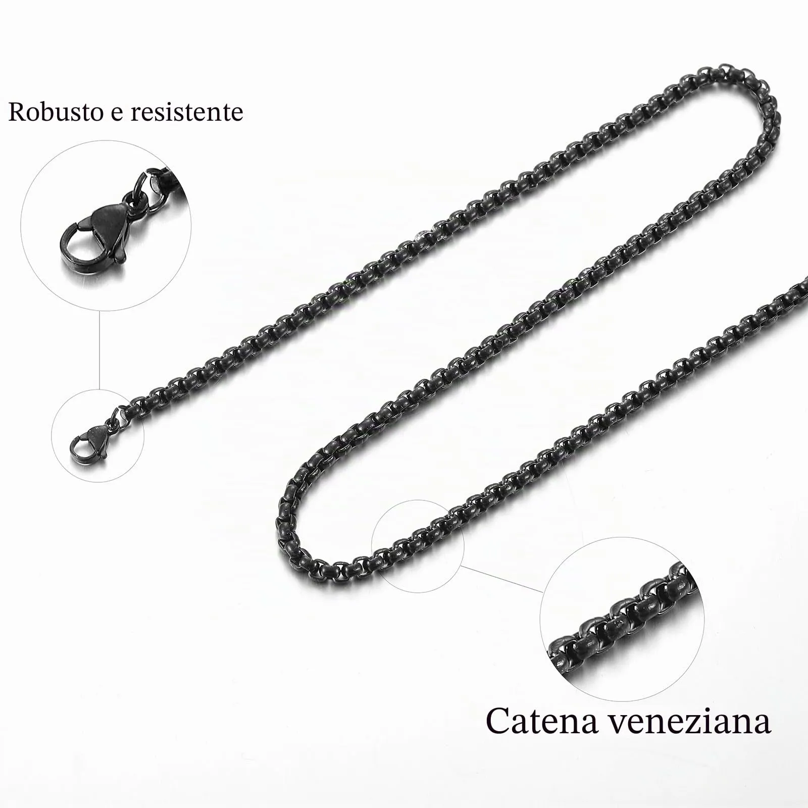 RWQIAN Uomo Collana 45cm Acciaio Inossidabile Donna Nero Catena 3mm - immagine 2