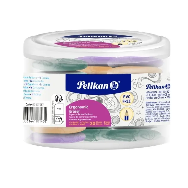 Confezione da 20 gomme ergonomiche Pelikan - Vinile - Senza PVC - Effetto marmo - Colori assortiti - immagine 1