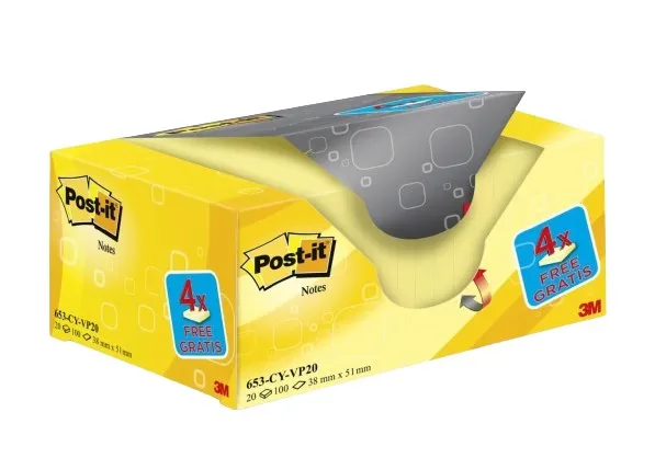Post-It 653-VP20 pouch autoadesiva Rettangolo Giallo 100 fogli Autoadesivo - immagine 1