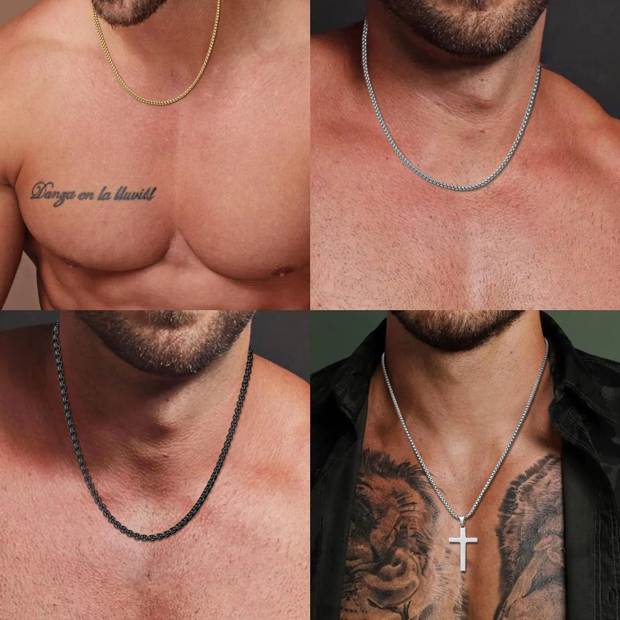 RWQIAN Uomo Collana 65cm Acciaio Inossidabile Donna Nero Catena 2mm - immagine 5