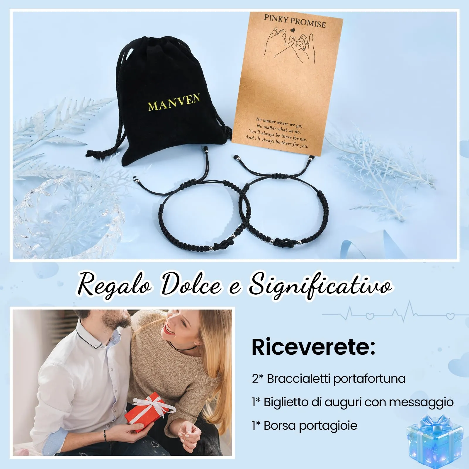 MANVEN Bracciali Coppia Regali di Coppia Bracciale Portafortuna Tibetano San Valentino Regalo per Coppie Fidanzate Fidanzata Donna Uomo Bracciale Corrispondenza Anniversario Compleanno Natale - immagine 5