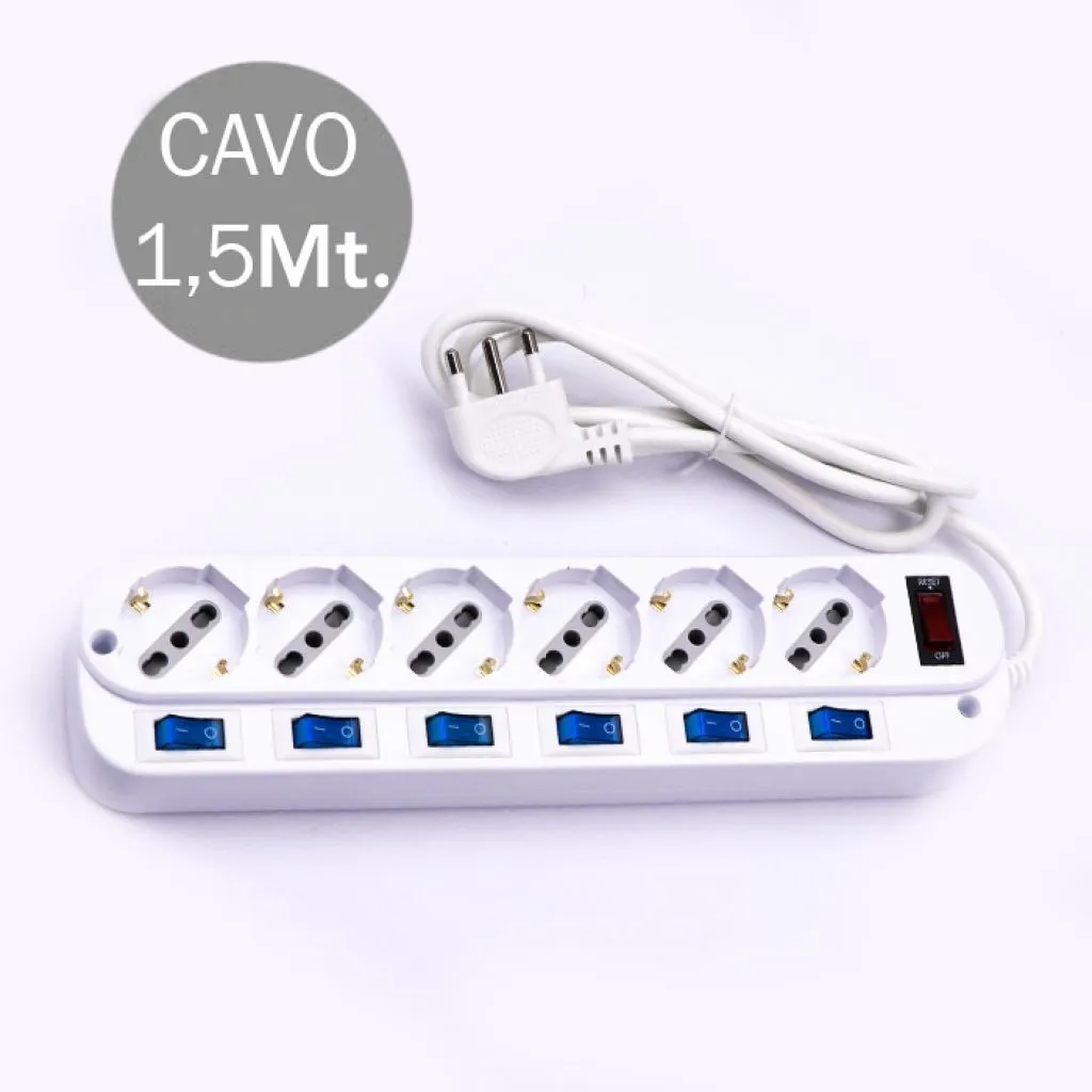 V-TAC Multipresa con Cavo 15m 6 Prese 10/16A 2P+T Bipasso + Schuko a 45° Interruttore Generale 6 Singoli Spina 16A 2P+T - immagine 1