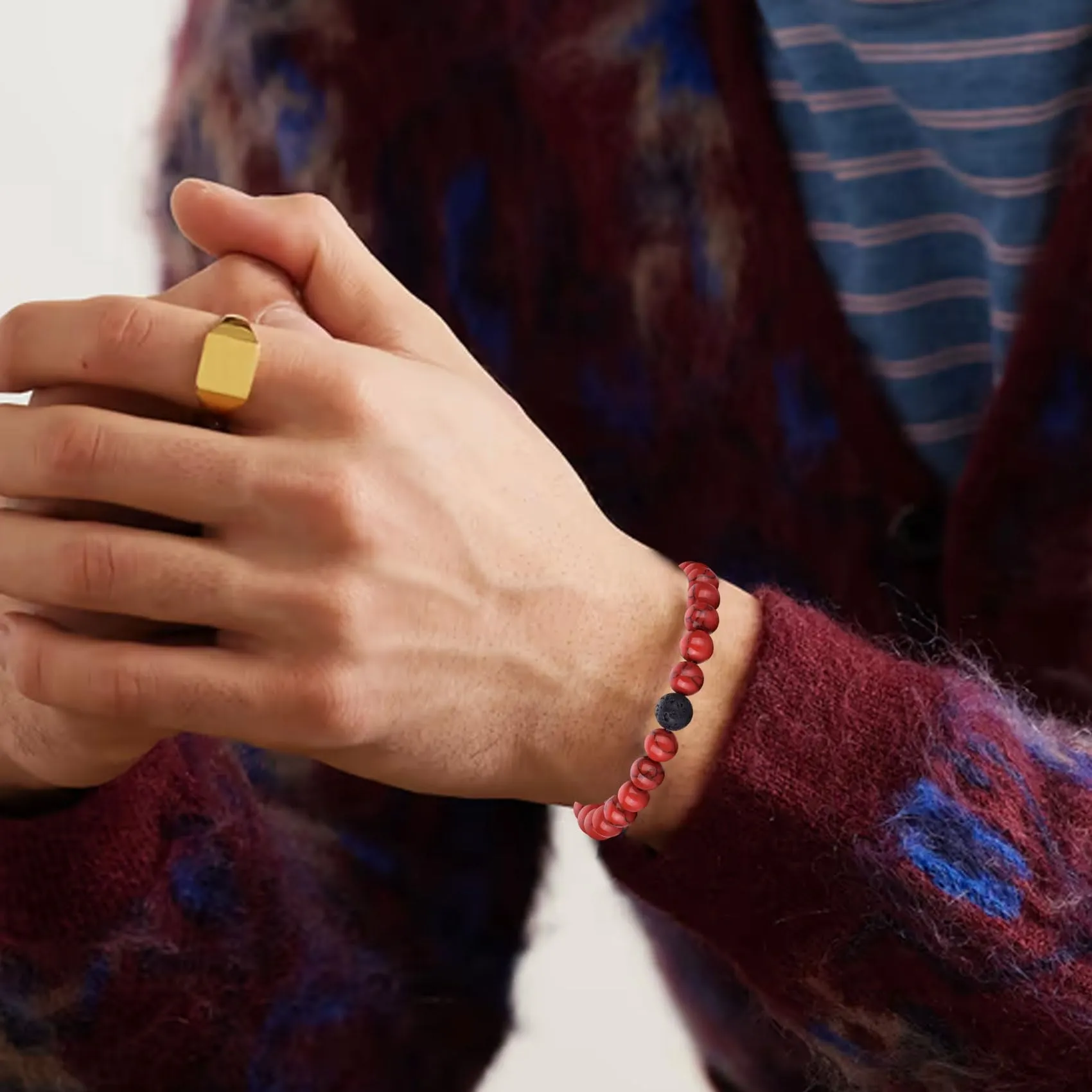 Occhio di Tigre Bracciale per Uomo e Donna con Perline di Cristallo Nero e Pietra Naturale, Regolabile e Elasticizzato - immagine 5