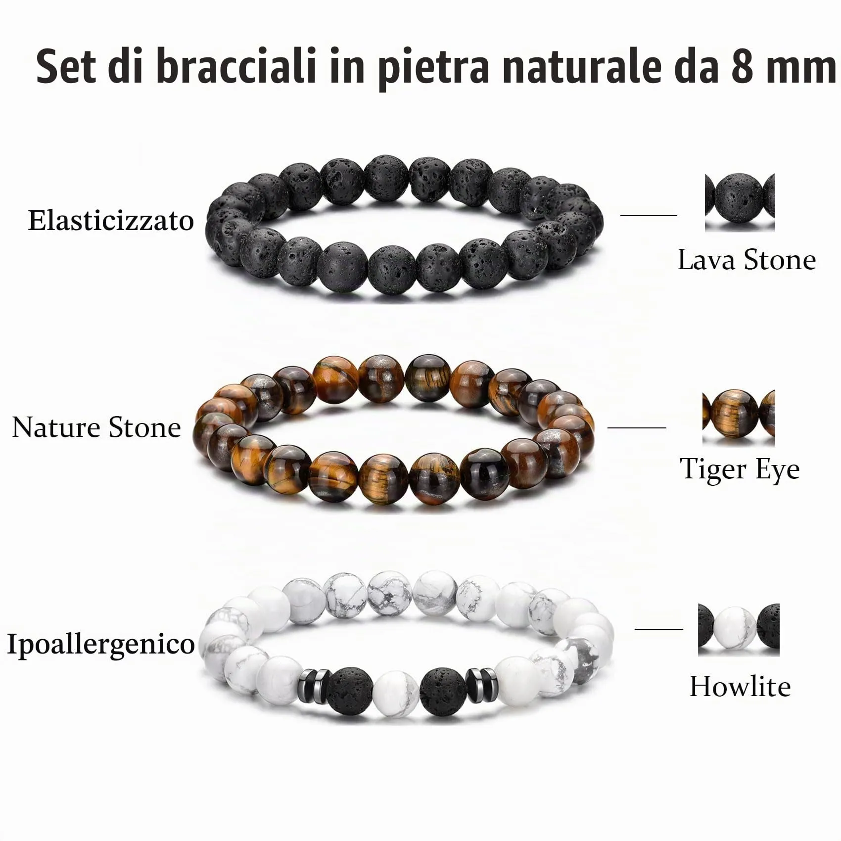 Bracciale Occhio di Tigre 8MM con Perline in Pietra Naturale e Lavica, Set Elasticizzato Regolabile con Cristallo Nero per Uomo Donna Regali - immagine 3