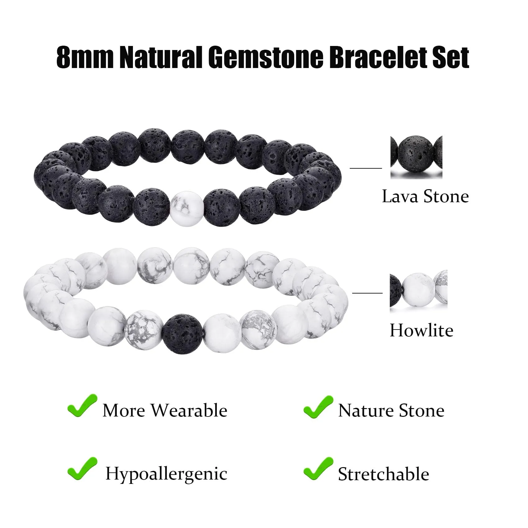 Bracciale Occhio di Tigre 8MM in Pietra Naturale e Lavica - Set Elasticizzato con Perline di Cristallo Nero per Uomo e Donna - immagine 3