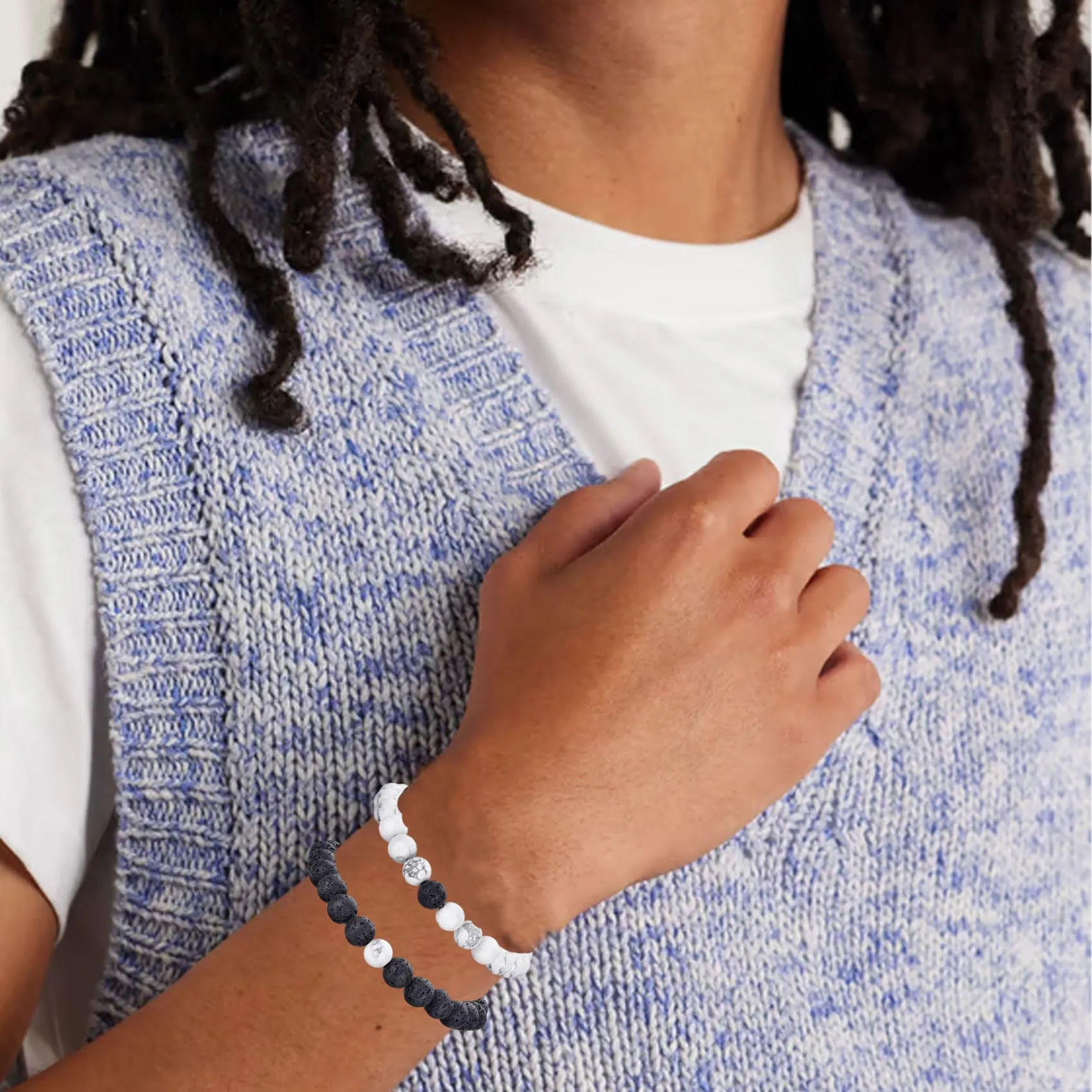 Bracciale Occhio di Tigre 8MM in Pietra Naturale e Lavica - Set Elasticizzato con Perline di Cristallo Nero per Uomo e Donna - immagine 4