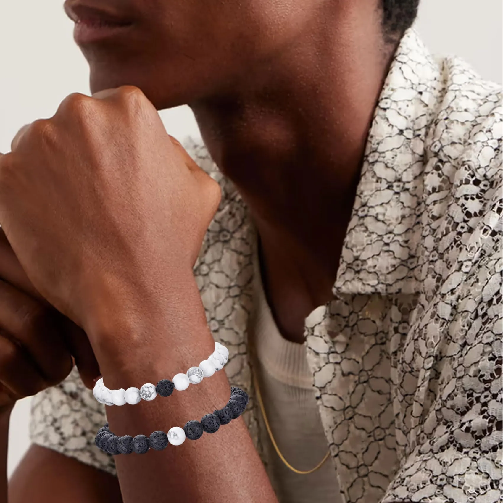 Bracciale Occhio di Tigre 8MM in Pietra Naturale e Lavica - Set Elasticizzato con Perline di Cristallo Nero per Uomo e Donna - immagine 5