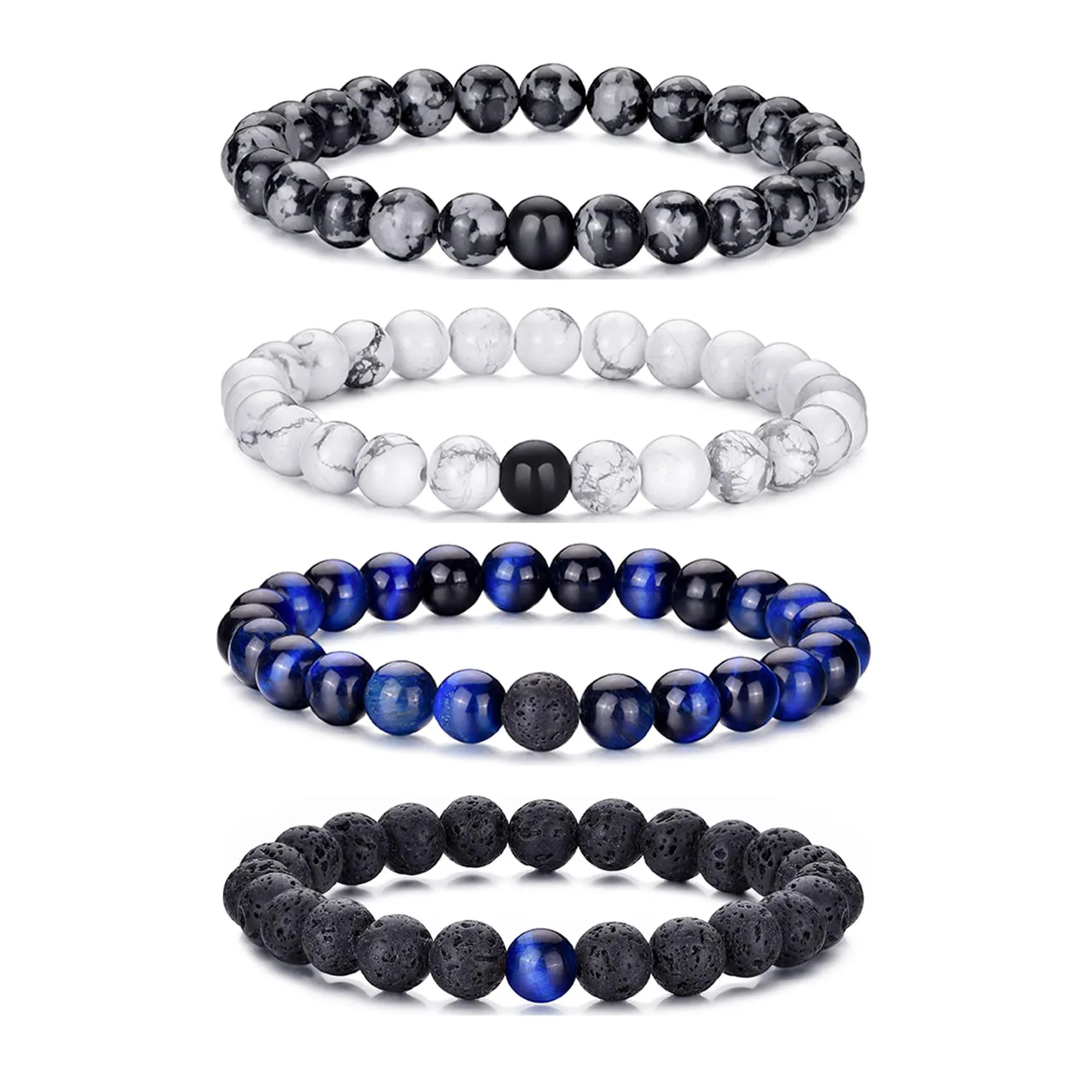 RANKEEF Bracciale Occhio di Tigre per Uomo 8MM Bracciale con Perline in Pietra Naturale Set Braccialetti Elasticizzati in Pietra Lavica Regolabile con Perline di Cristallo Nero per Uomo Donna Regali - immagine 1