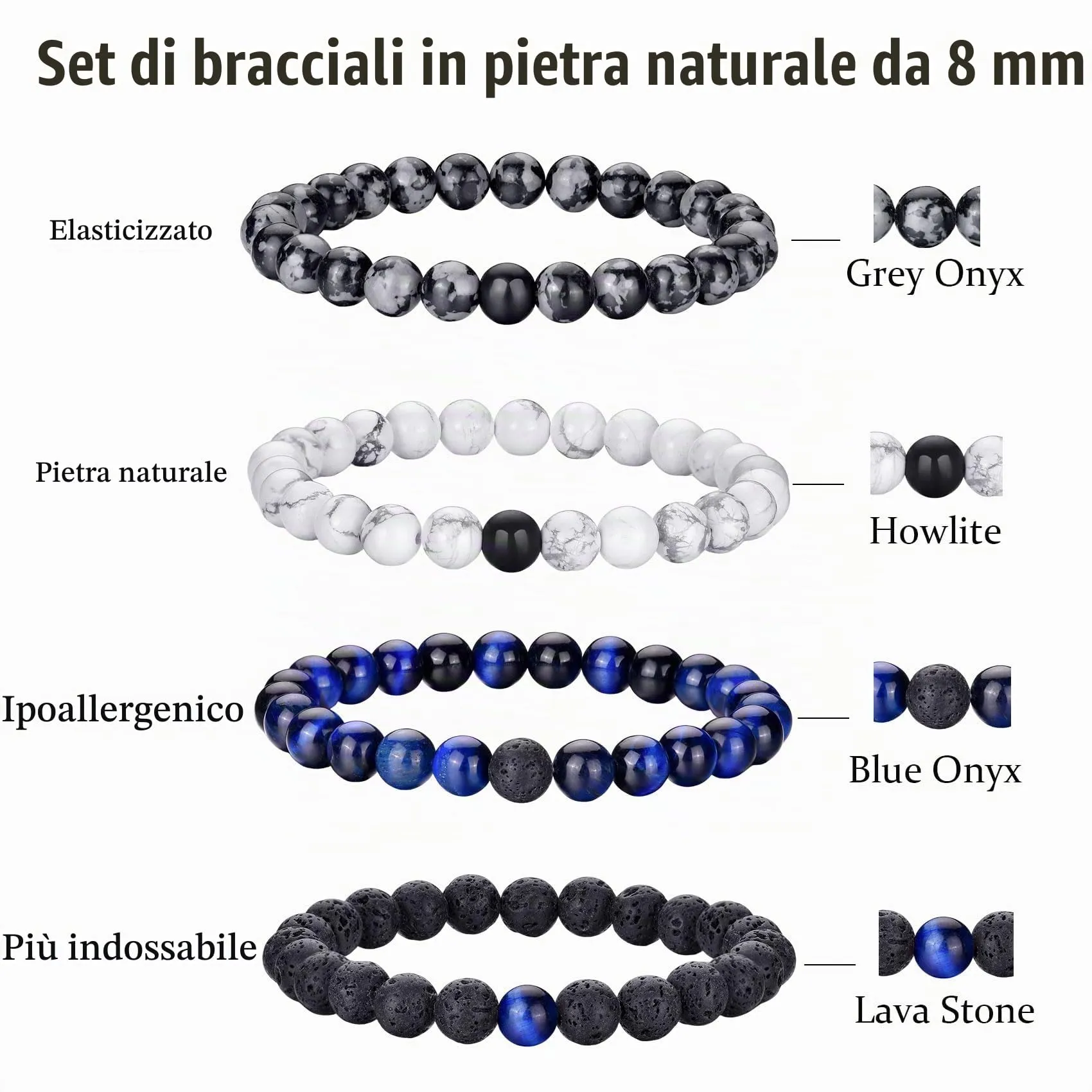 RANKEEF Bracciale Occhio di Tigre per Uomo 8MM Bracciale con Perline in Pietra Naturale Set Braccialetti Elasticizzati in Pietra Lavica Regolabile con Perline di Cristallo Nero per Uomo Donna Regali - immagine 3