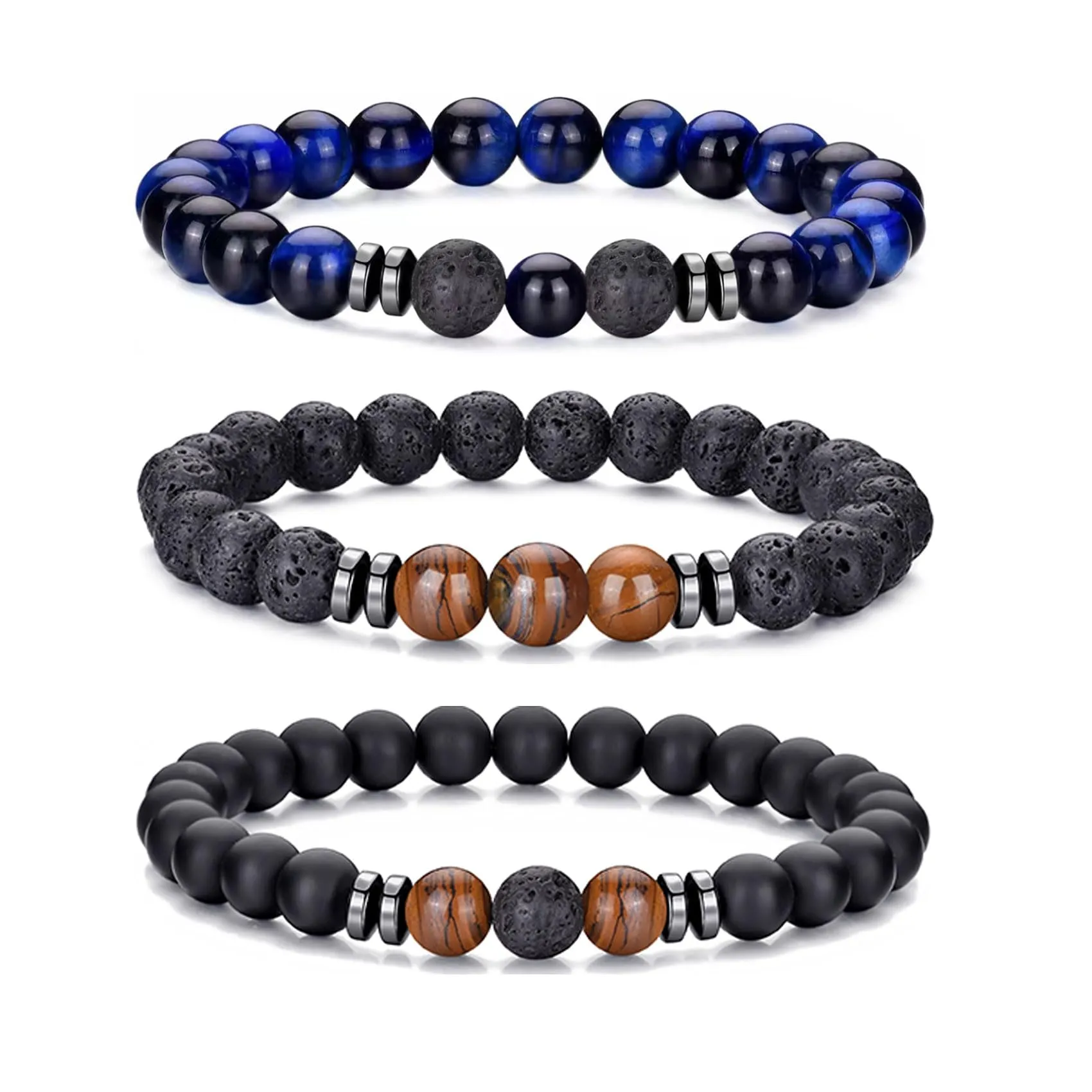 Bracciale Occhio di Tigre 8MM con Perline in Pietra Naturale e Lavica, Elasticizzato Regolabile con Cristallo Nero per Uomo Donna Regali - immagine 1