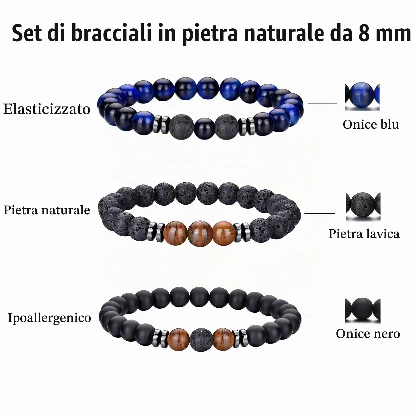 Bracciale Occhio di Tigre 8MM con Perline in Pietra Naturale e Lavica, Elasticizzato Regolabile con Cristallo Nero per Uomo Donna Regali - immagine 3