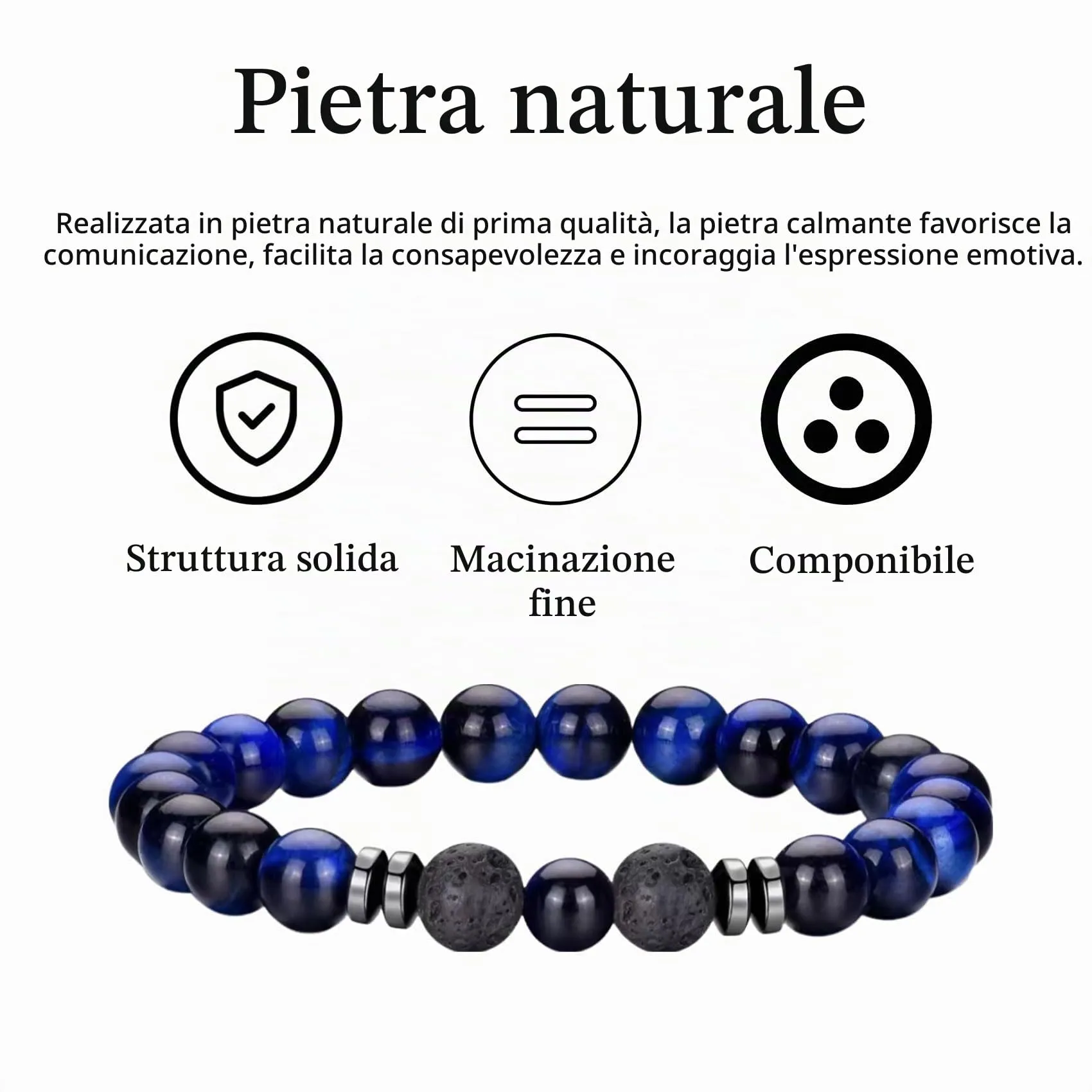 Bracciale Occhio di Tigre 8MM con Perline in Pietra Naturale e Lavica, Elasticizzato Regolabile con Cristallo Nero per Uomo Donna Regali - immagine 8