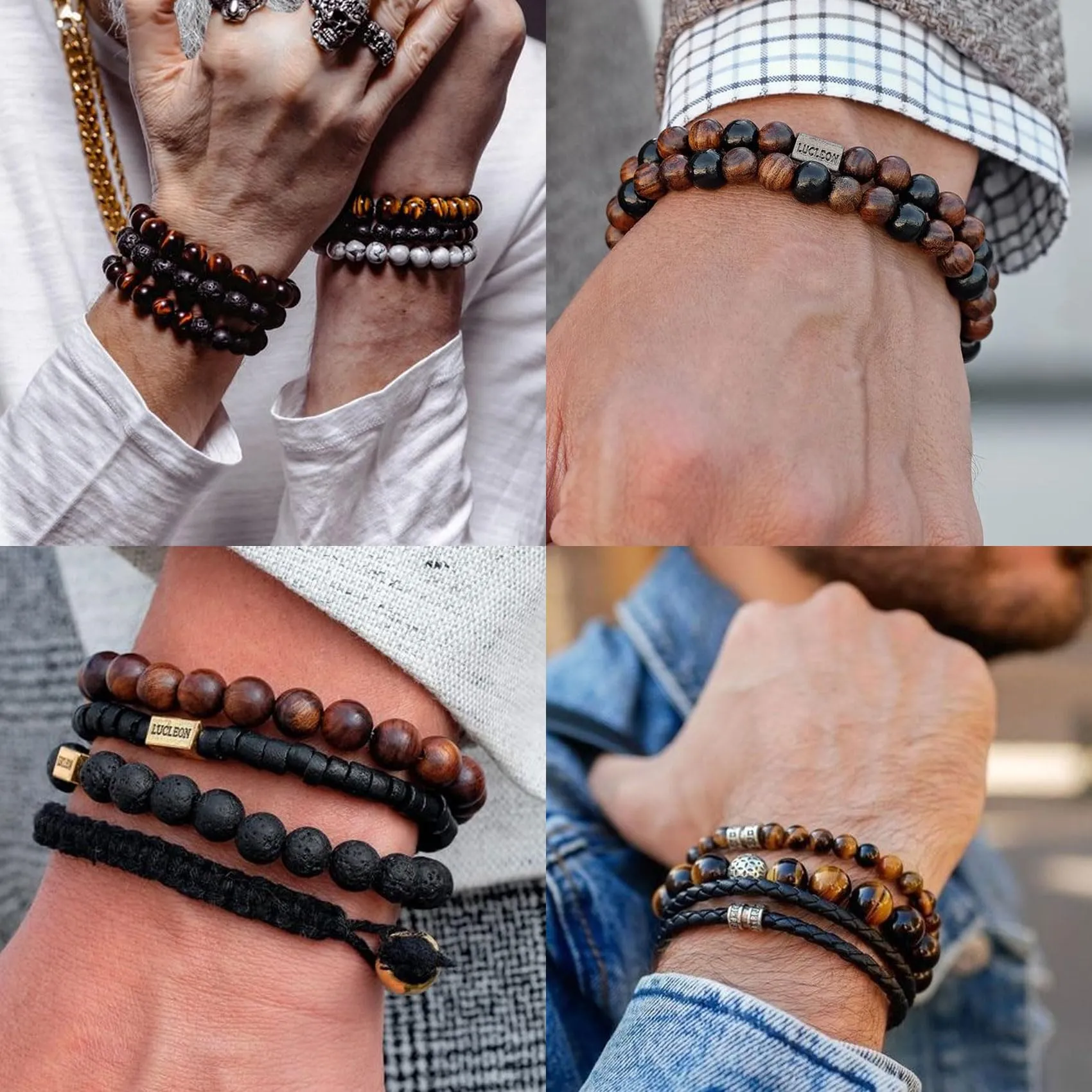Bracciale Occhio di Tigre per Uomo 8MM in Pietra Naturale Set con Perline in Pietra Lavica e Cristallo Nero - Elasticizzato Regolabile per Uomo Donna Regali - immagine 2