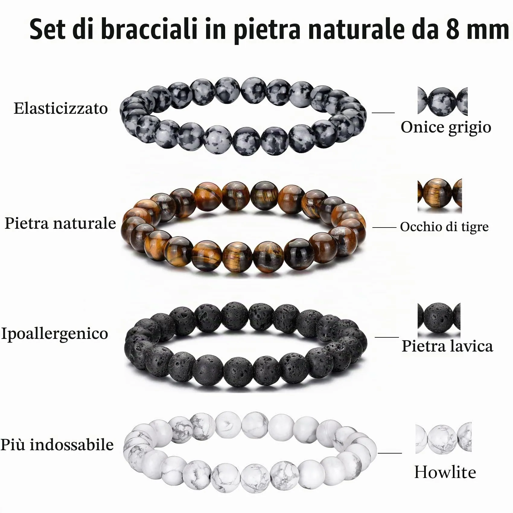 Bracciale Occhio di Tigre per Uomo 8MM in Pietra Naturale Set con Perline in Pietra Lavica e Cristallo Nero - Elasticizzato Regolabile per Uomo Donna Regali - immagine 3