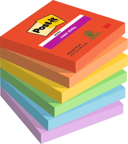 Post-it Super Sticky Confezione da 6 blocchi da 90 foglietti adesivi riposizionabili - Forma quadrata - 76x76 mm - Colori assortiti - immagine 1